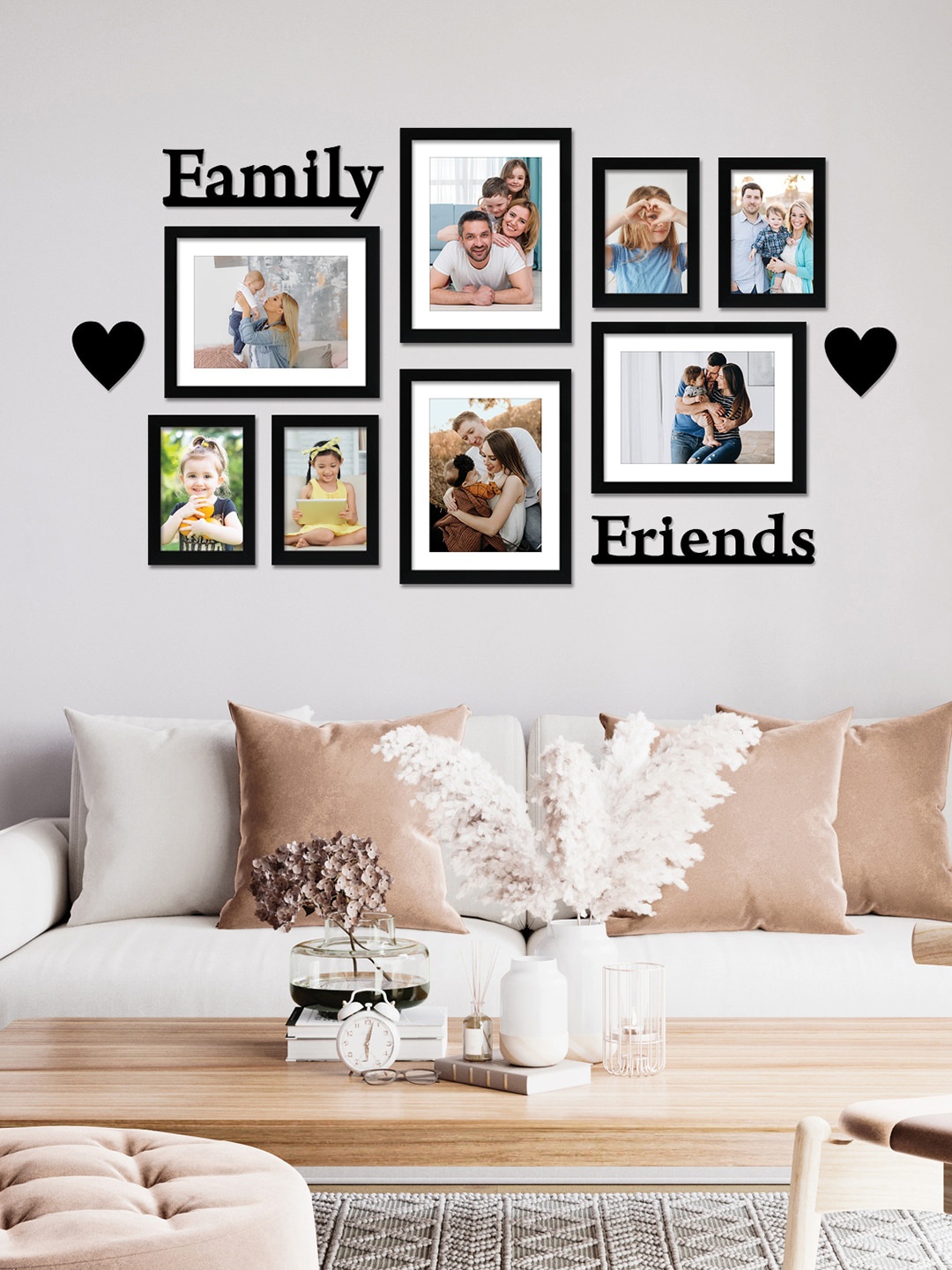 

RANDOM Set Of 8 Black Solid Wall Photo Frames With Family & Friends Plaque