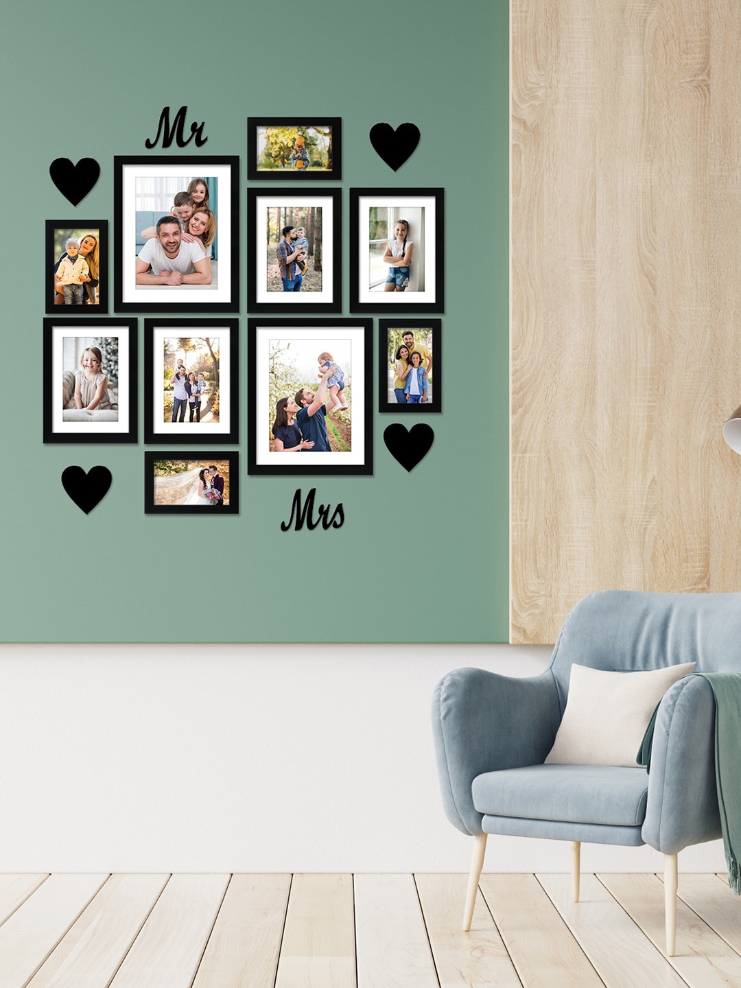 

RANDOM Set of 10 Individual photo frames with Mr & Mrs & heart plaque, Black