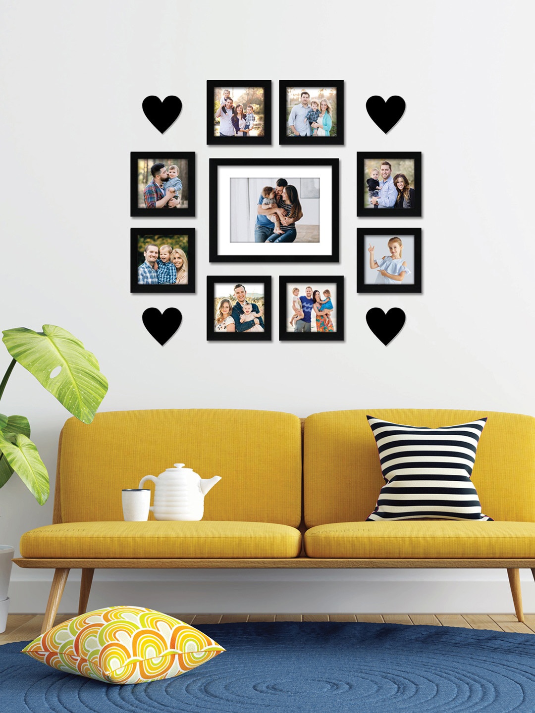 

RANDOM Black Set of 9 Solid Wall Photo Frames with Heart Plaque