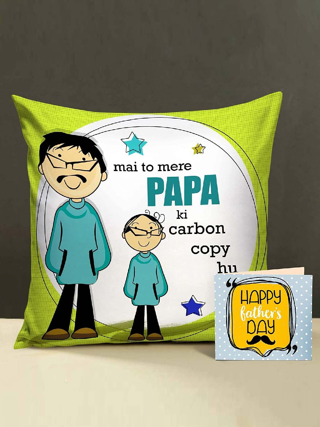 

TIED RIBBONS Fluorescent Green & White Printed Cushion Fathers Day Gift Set
