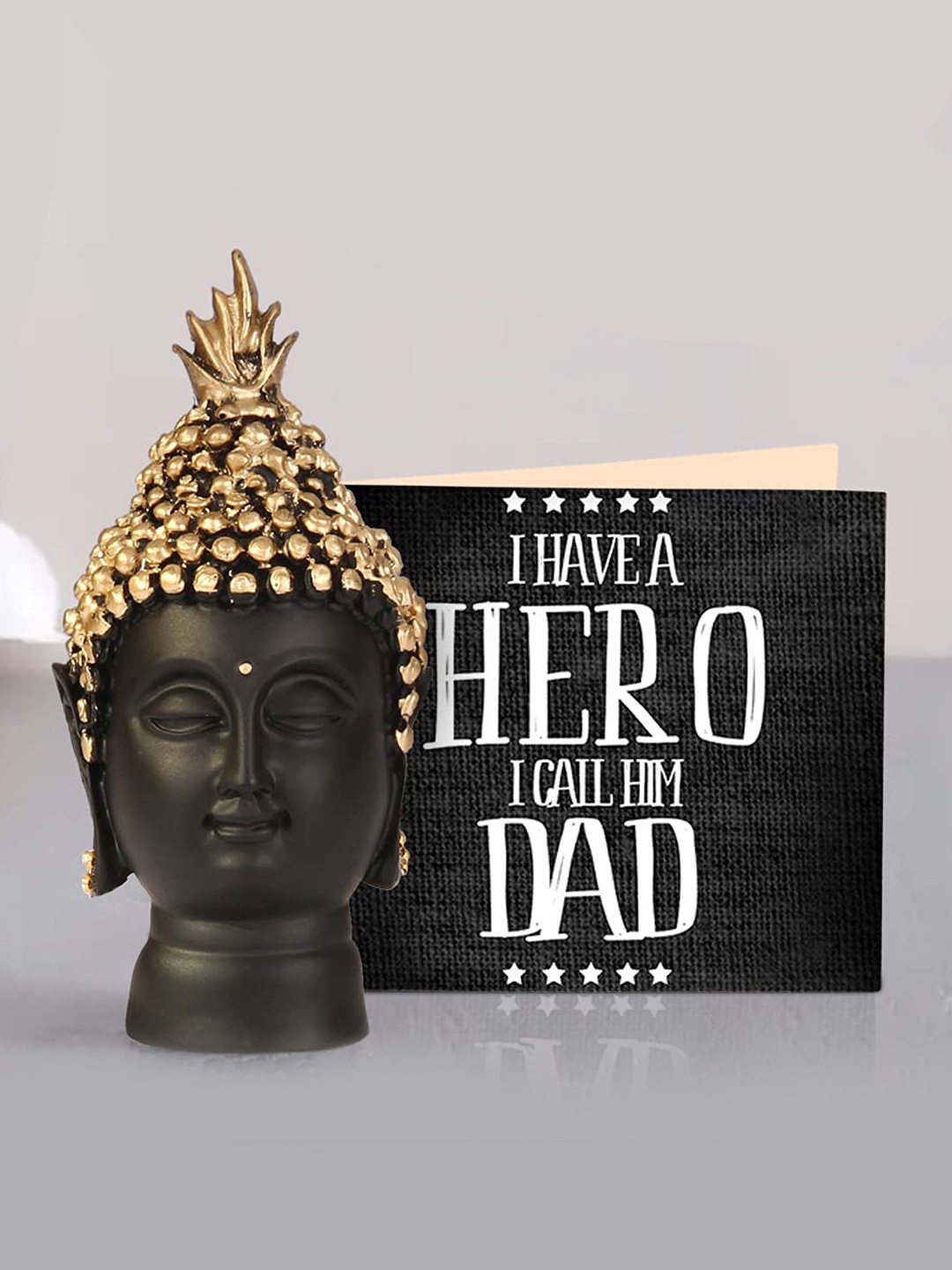 

TIED RIBBONS Black & Gold-Toned Fathers Day Gift Card with Buddha Head Idol Showpiece