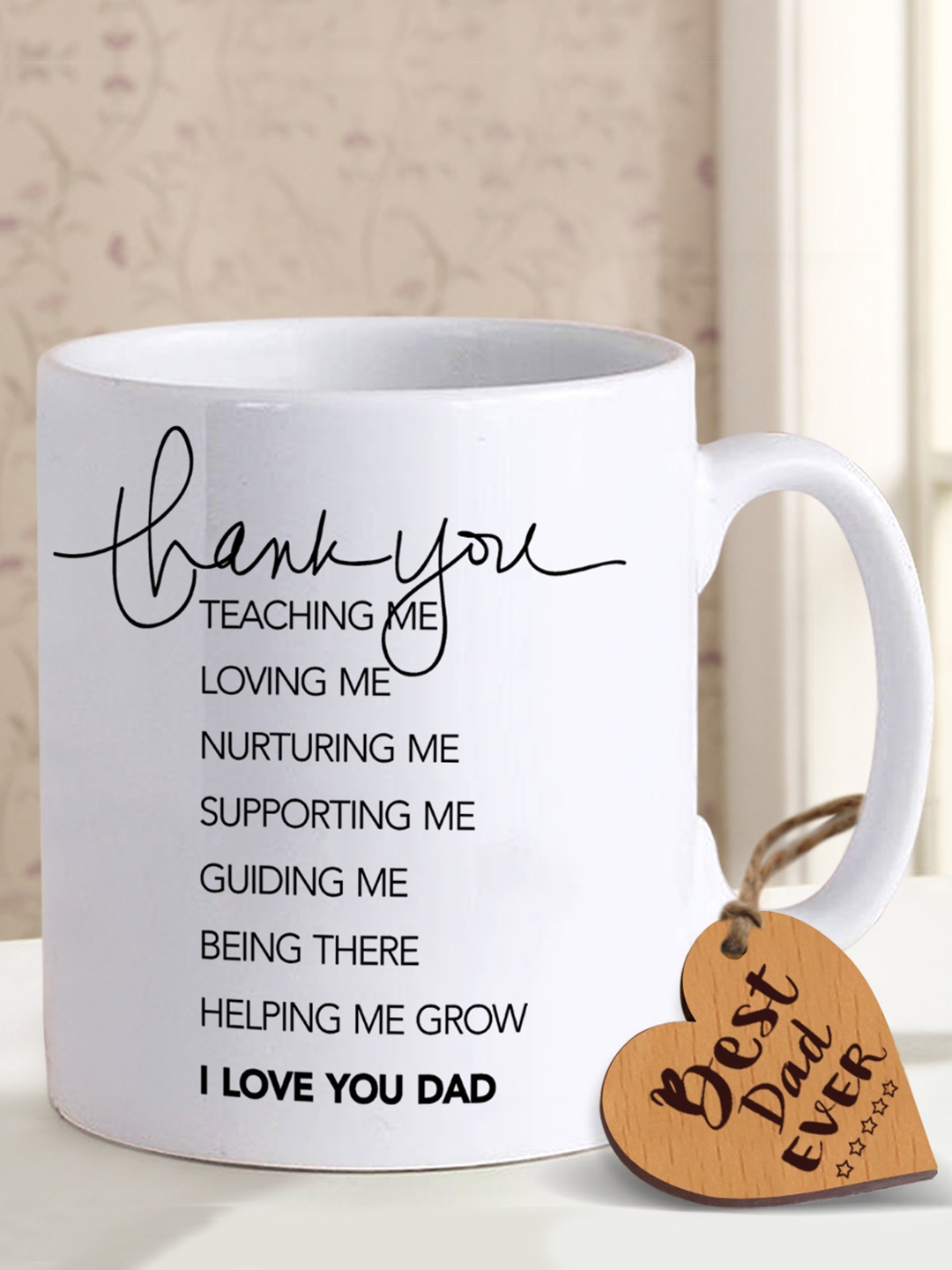 

TIED RIBBONS White & Black Fathers Day Gift Printed Coffee Mug with Wooden Tag