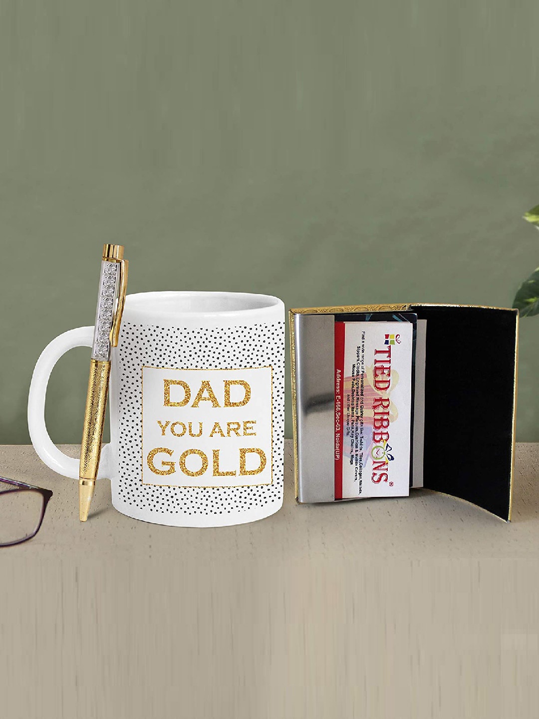 

TIED RIBBONS White & Gold Fathers Day Gift Card Holder With Pen & Coffee Mug