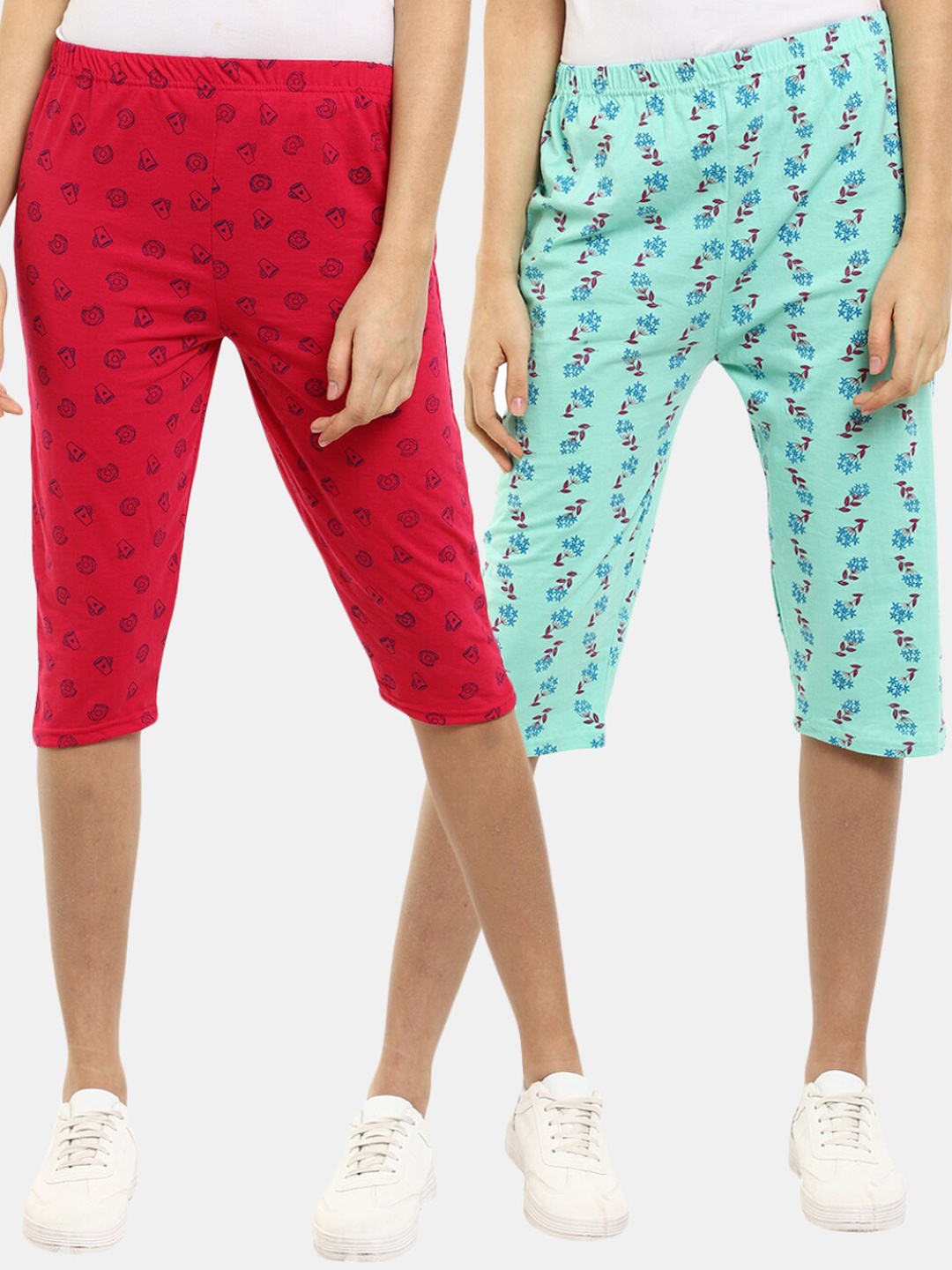 

V-Mart Pack of 2 Women Sea Green & Fuchsia Pink Printed Shorts