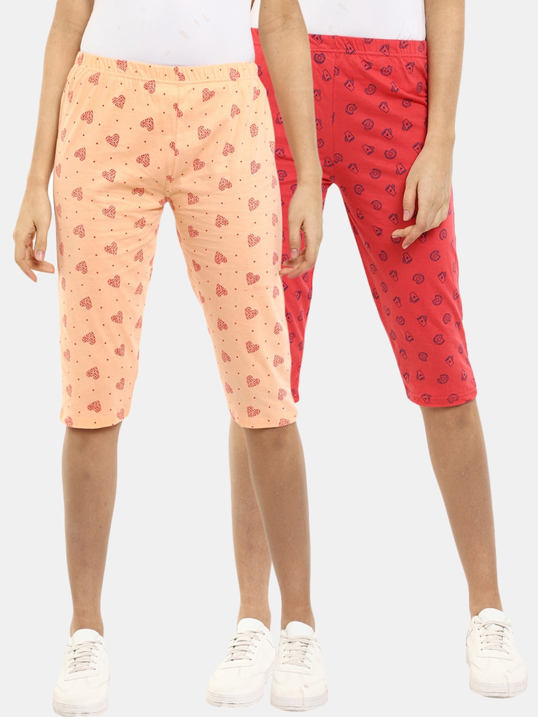 

V-Mart Women Pack Of 2 Printed Poly Cotton Jersey Shorts, Coral