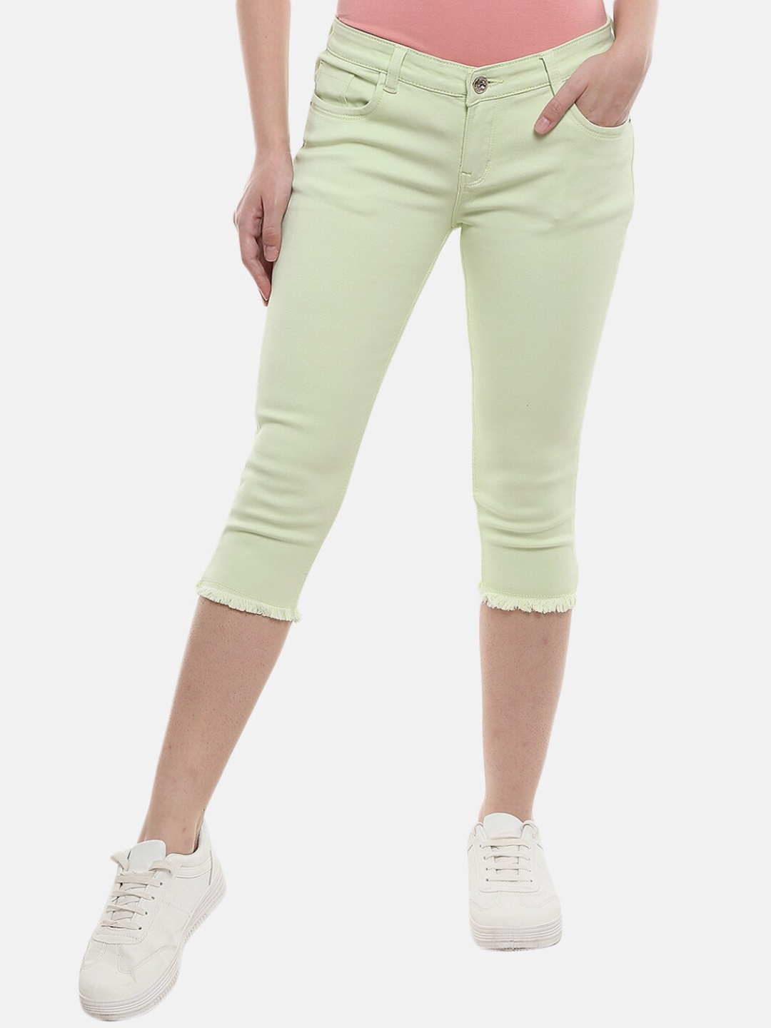 

V-Mart Women Green Solid Cotton Denim Capris