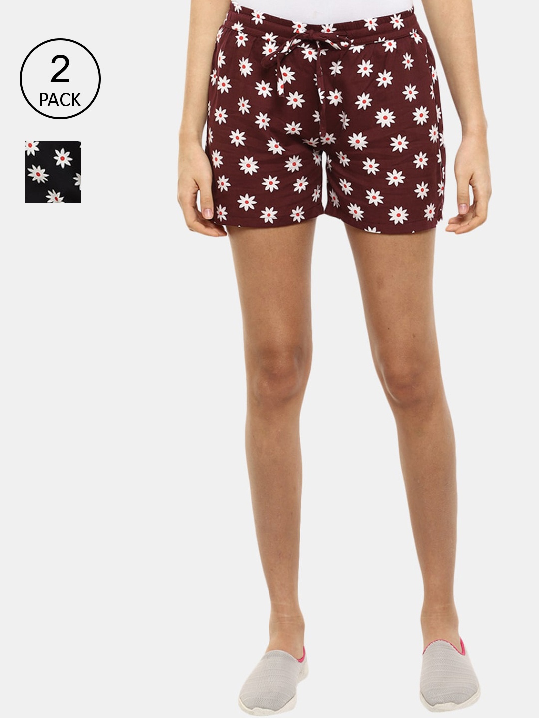 

V-Mart Women Pack of 2 Floral Printed Shorts, Maroon