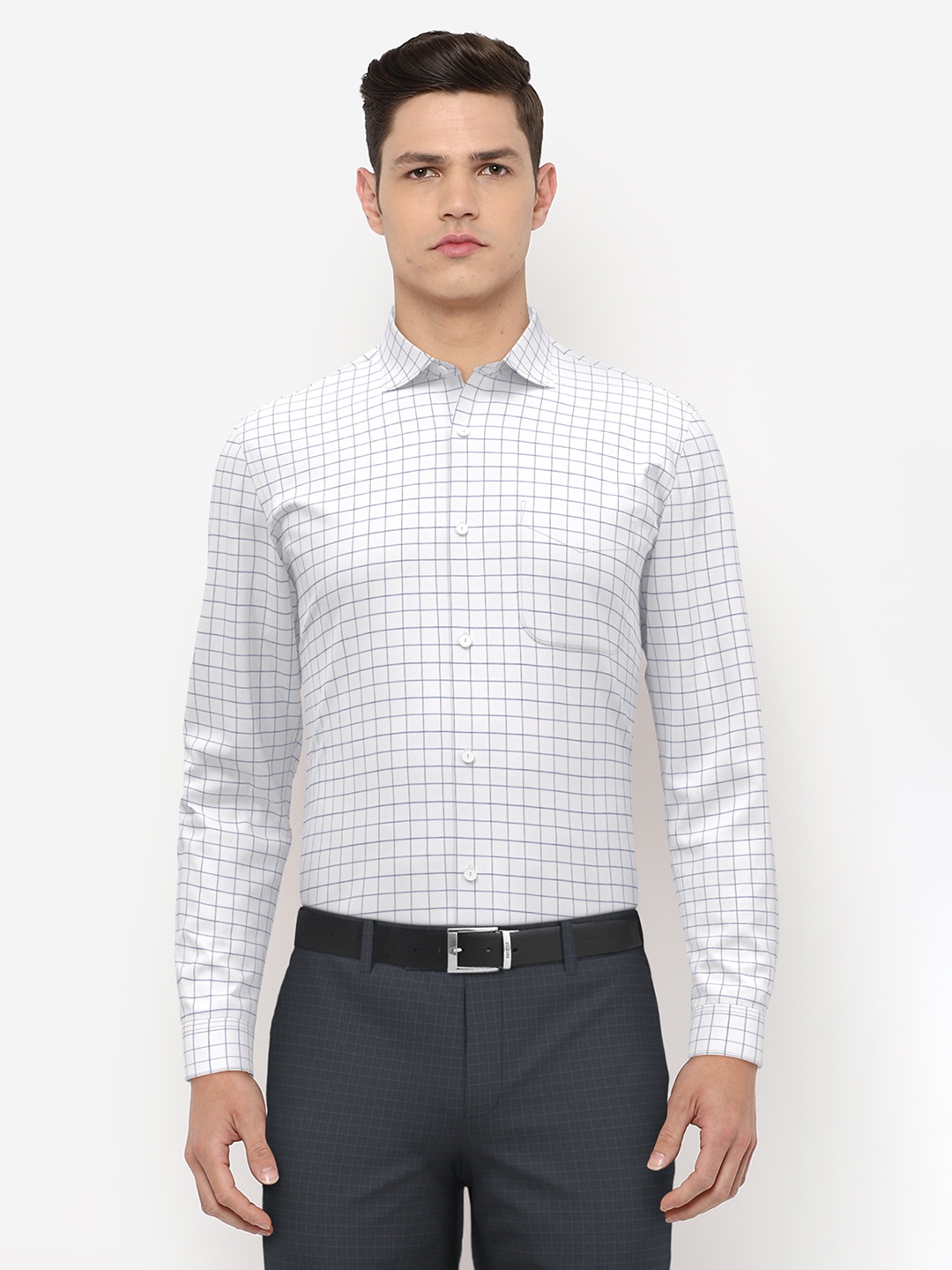 

Peter England Elite Men White & Black Slim Fit Grid Tattersall Checked Formal Cotton Shirt