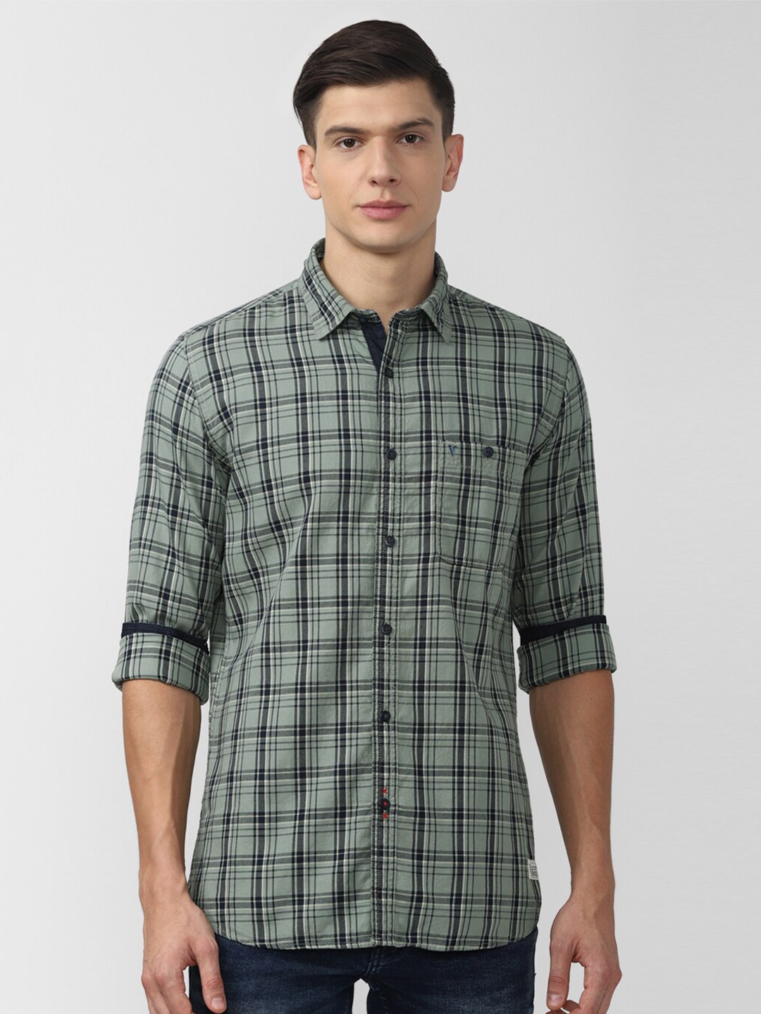 

VAN HEUSEN DENIM LABS Men Green Slim Fit Tartan Checks Casual Shirt