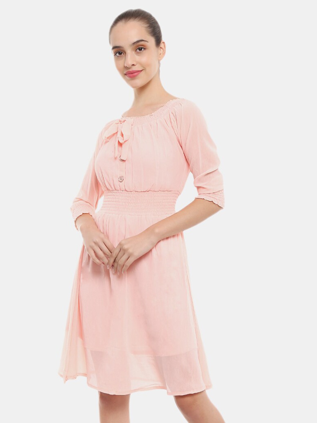 

V-Mart Peach-Coloured Smocked Round Neck Dress