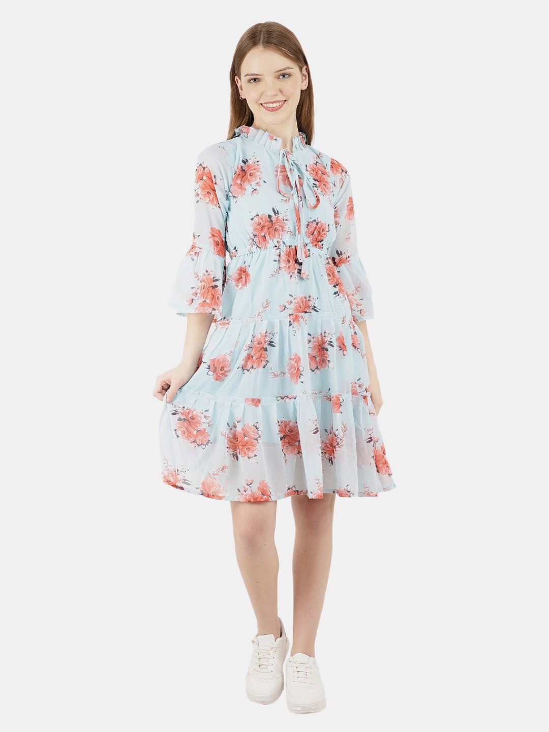 

V-Mart Blue Floral Tie-Up Neck Layered Satin Dress