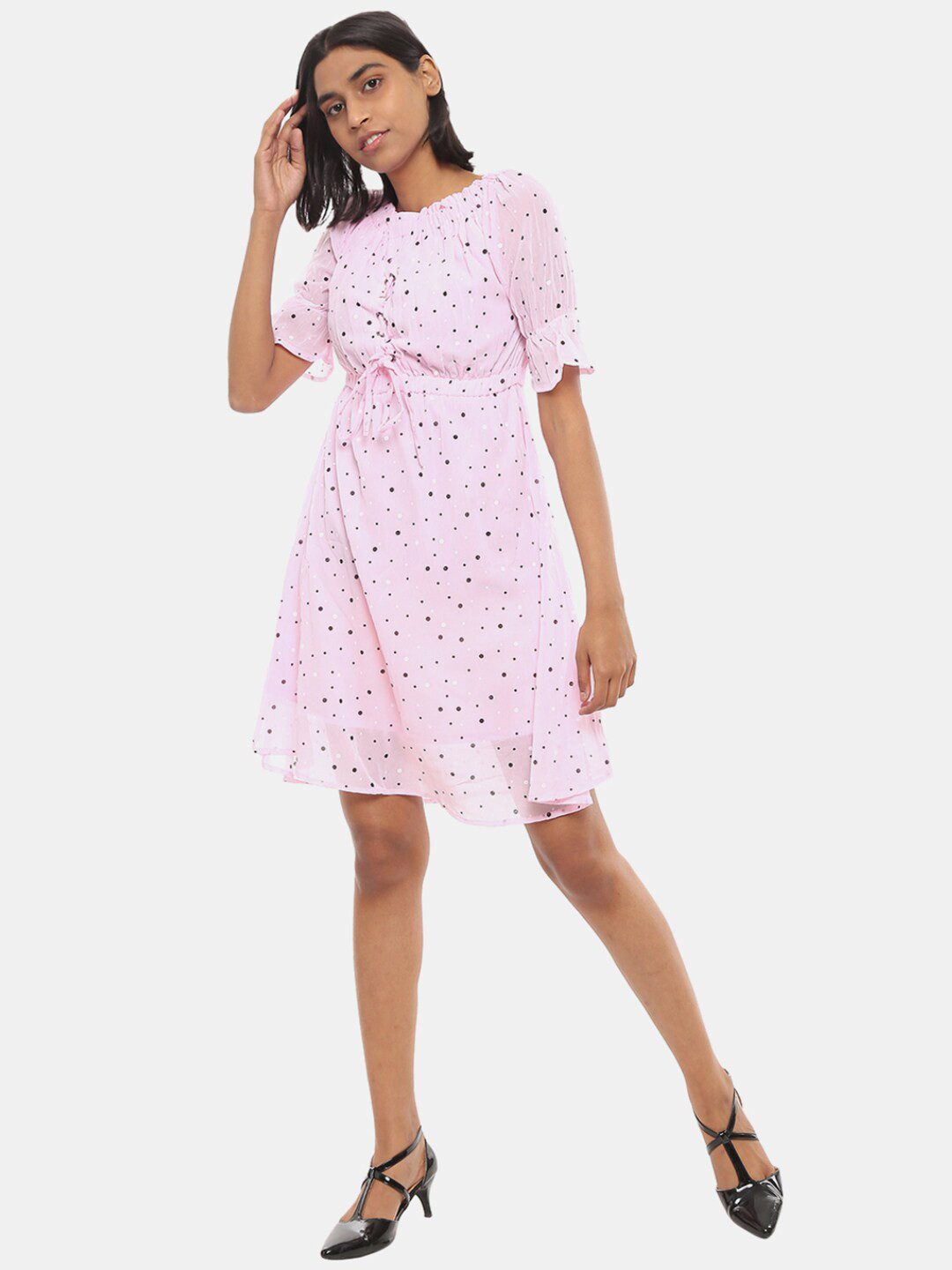 

V-Mart Pink Round Neck Satin Dress
