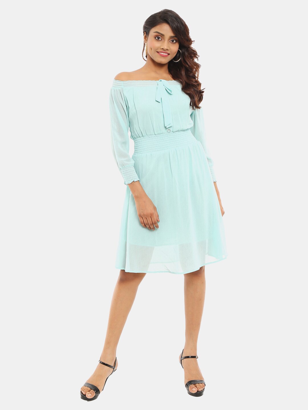 

V-Mart Green Off-Shoulder Satin Dress