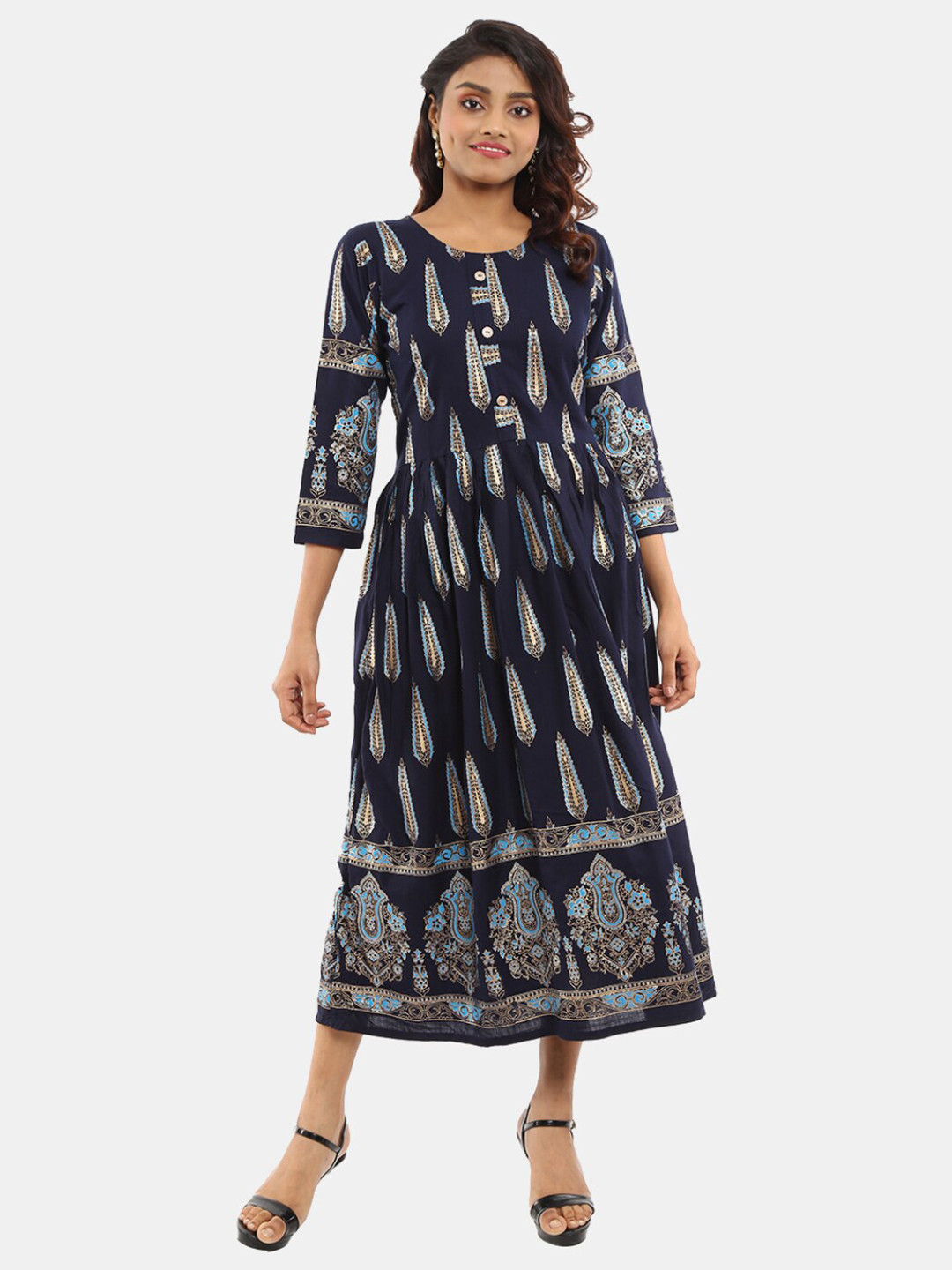 

V-Mart Ethnic Motifs Printed Round Neck Midi Dress, Navy blue