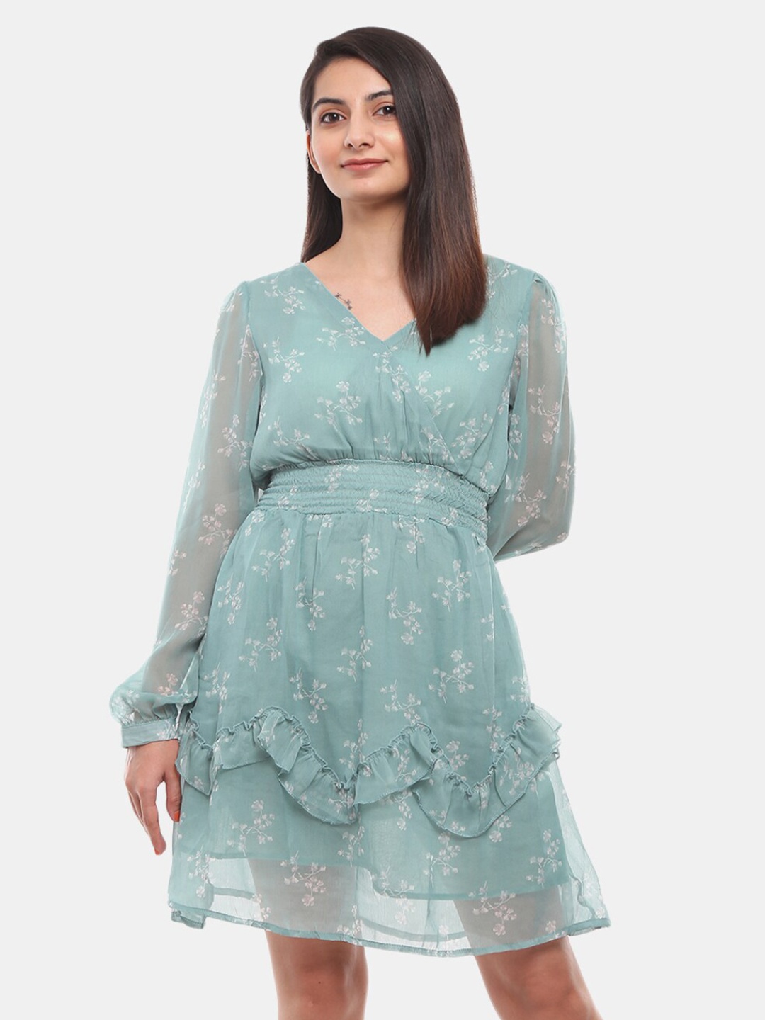 

V-Mart Green Floral Satin Dress