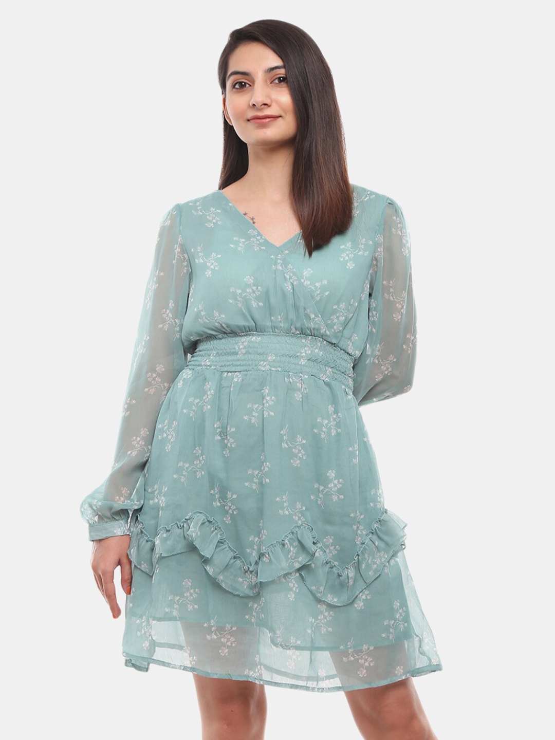 

V-Mart Green Floral Satin Dress
