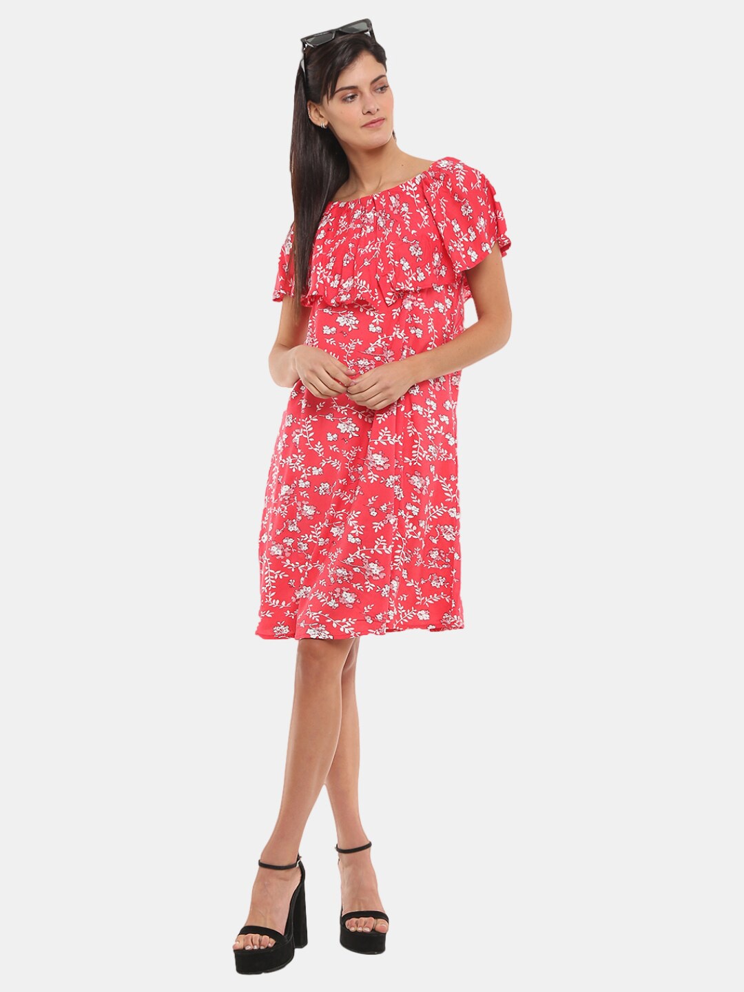 

V-Mart Red Floral Satin A-Line Dress