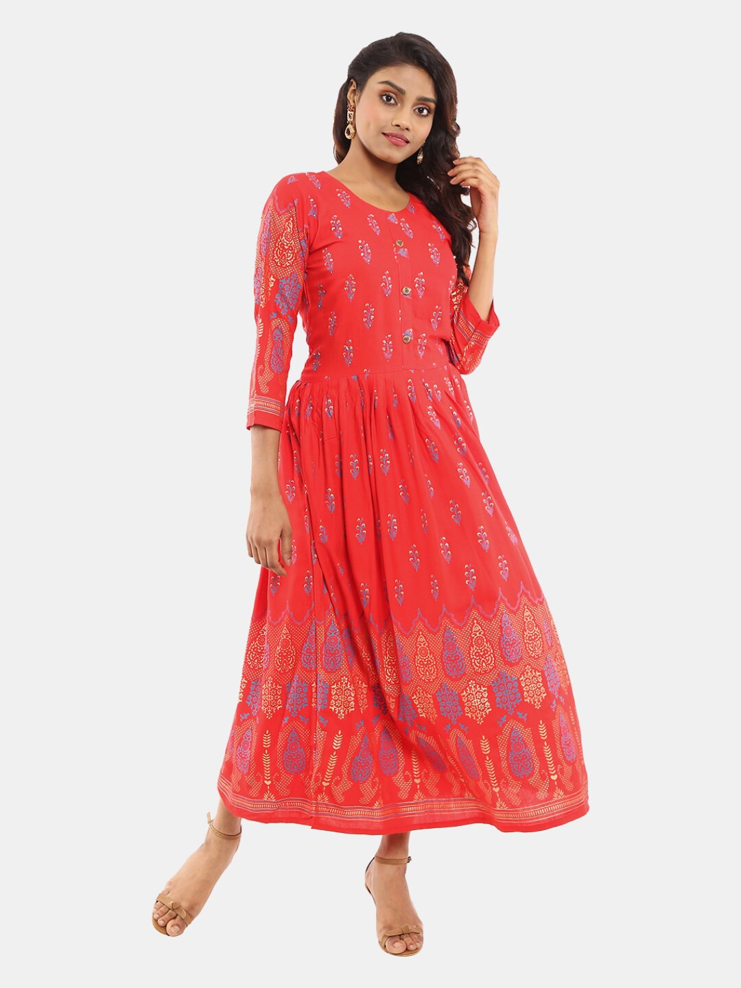 

V-Mart Floral Printed Satin Ethnic Maxi Dress, Red