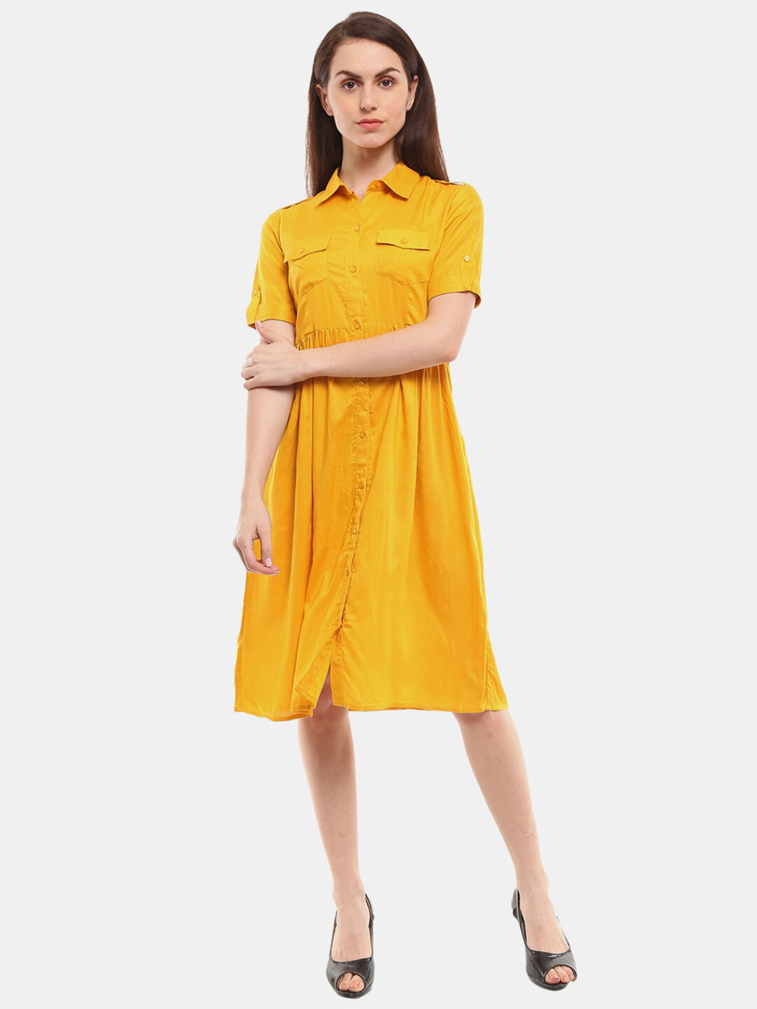 

V-Mart Mustard Yellow Satin Shirt Dress