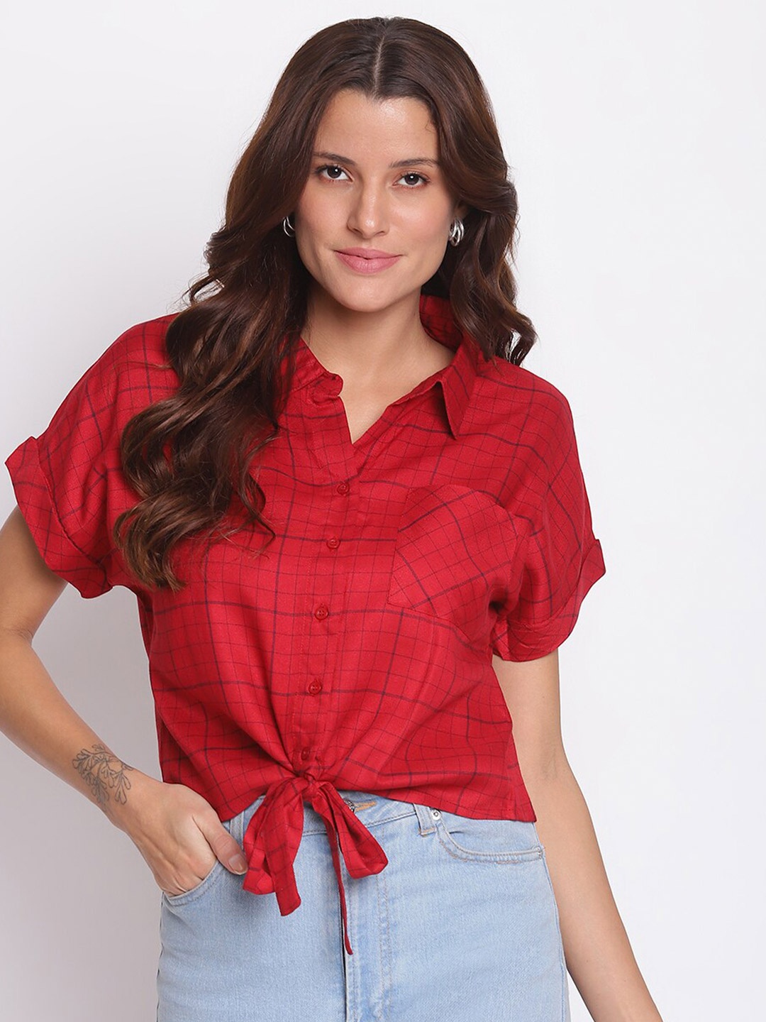 

Latin Quarters Red Checked Roll-Up Sleeves Bamboo Shirt Style Top