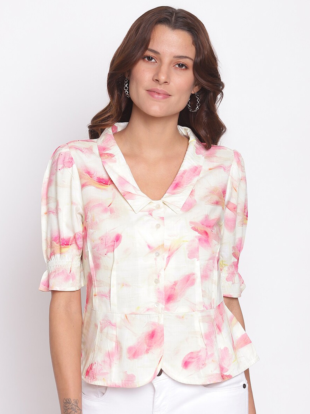 

Latin Quarters Cream-Coloured Floral Print Shirt Style Top
