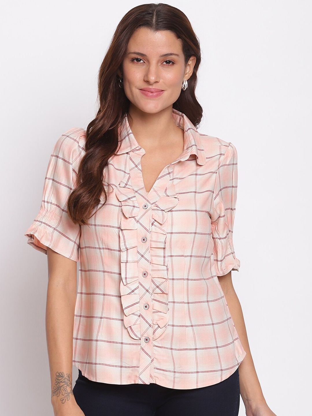 

Latin Quarters Pink Checked Roll-Up Sleeves Shirt Style Top