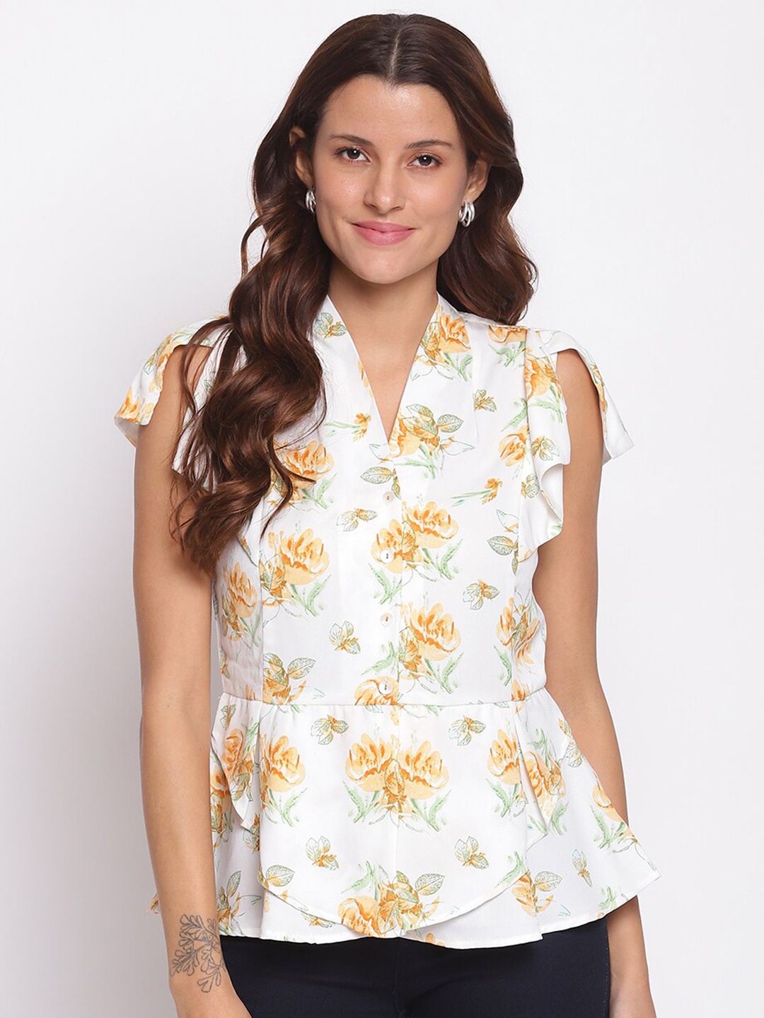 

Latin Quarters White Floral Print Peplum Top