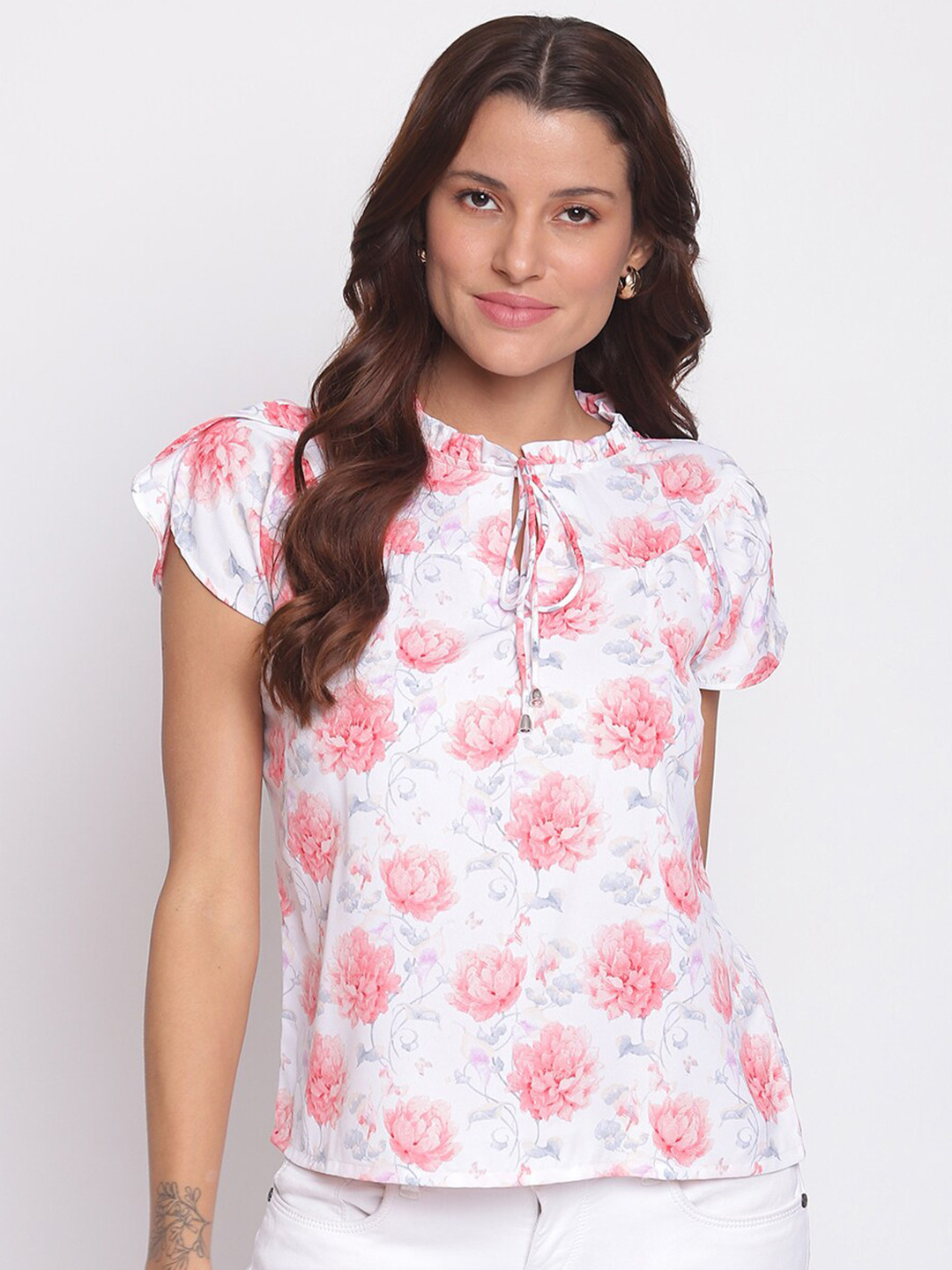 

Latin Quarters White Floral Print Tie-Up Neck Top