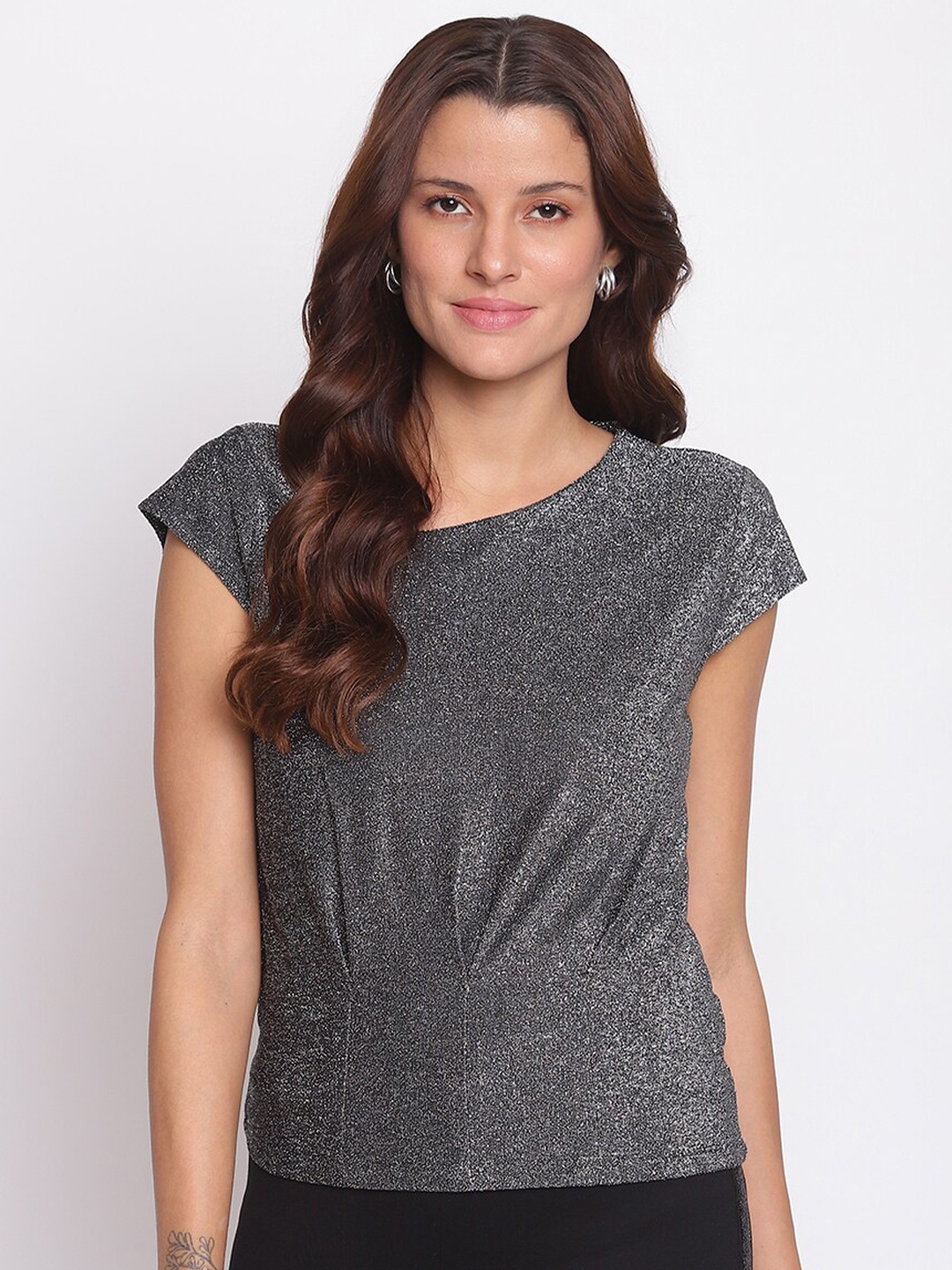 Latin Quarters Grey Self Design Cap Sleeves Top