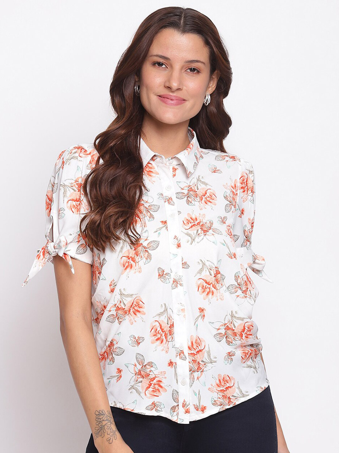 

Latin Quarters Orange Floral Print Shirt Style Top