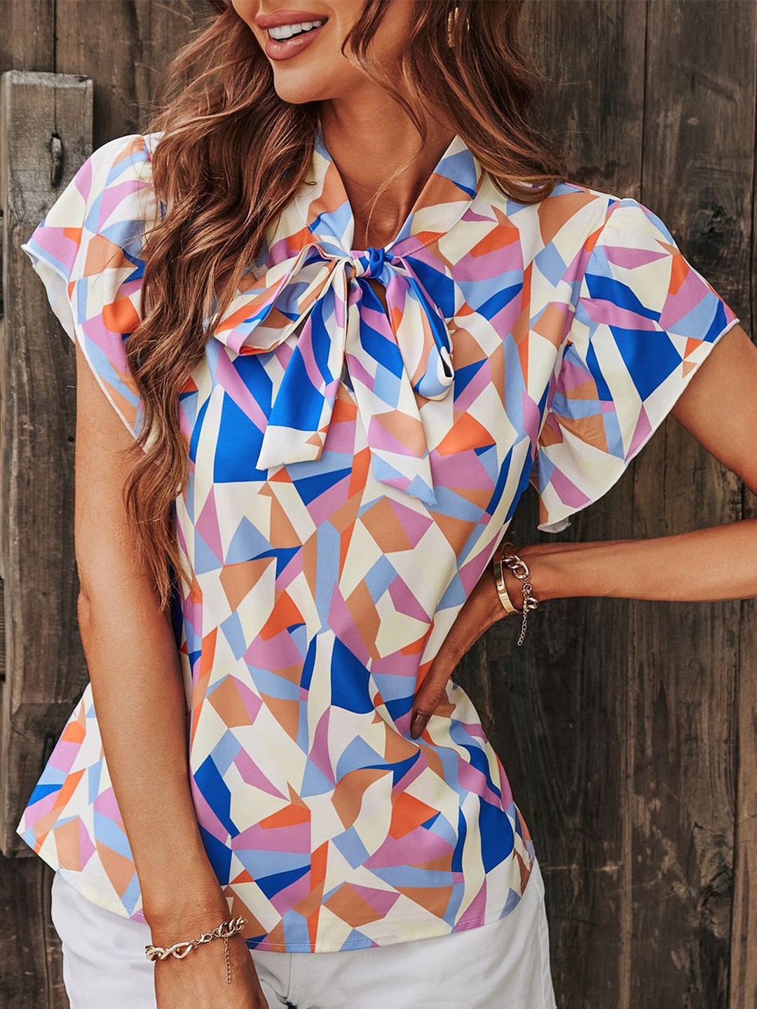 

BoStreet Blue Print Tie-Up Neck Extended Sleeves Ruffles Shirt Style Top