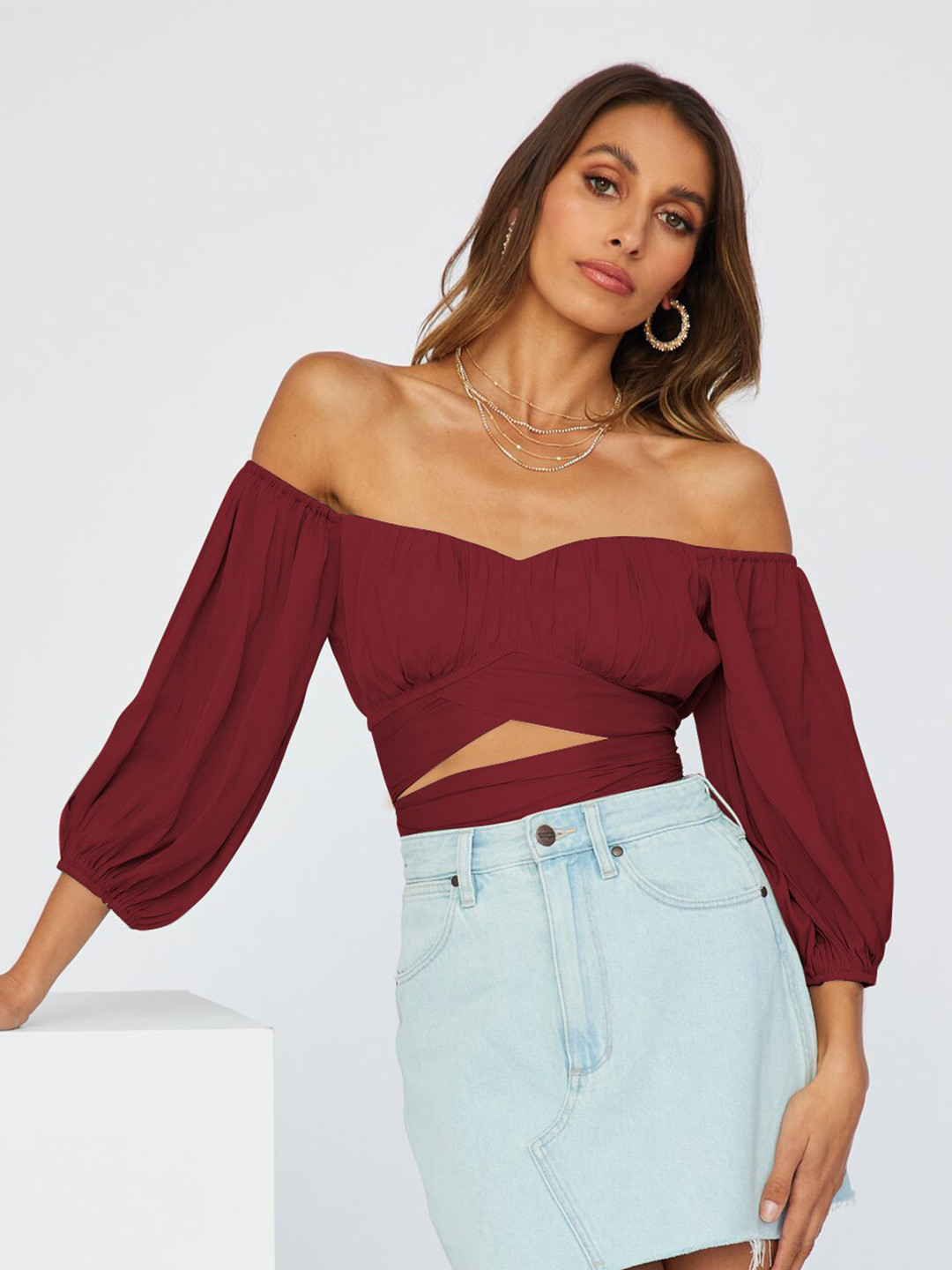

BoStreet Maroon Off-Shoulder Bardot Top