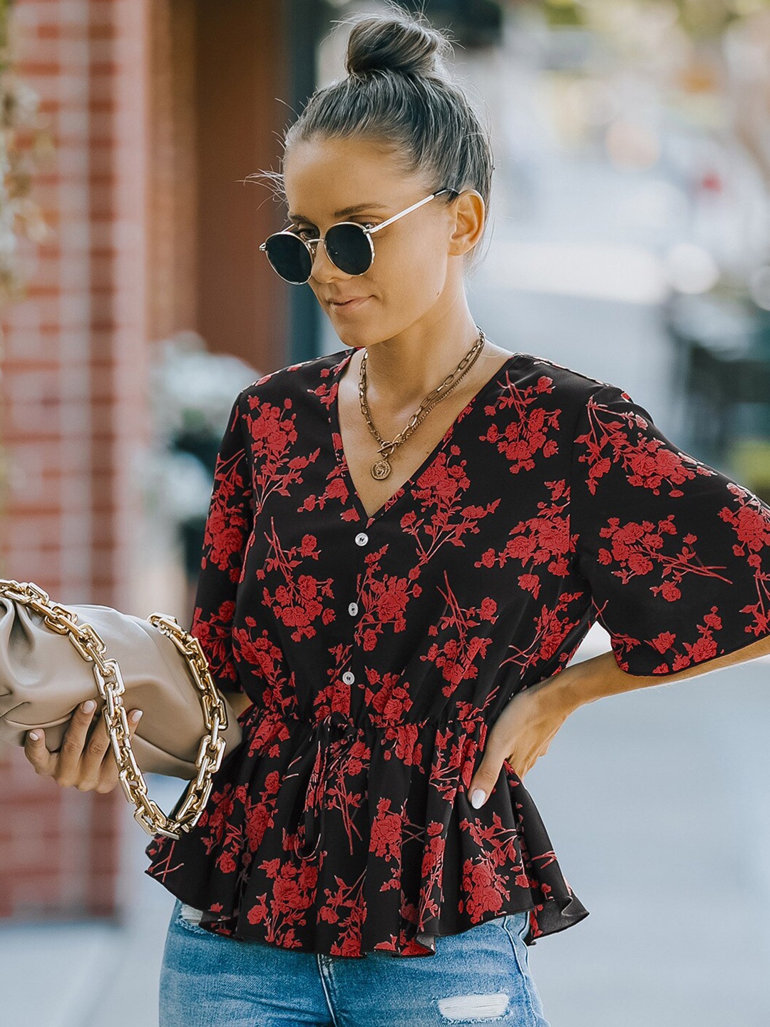 

BoStreet Red Floral Print Top