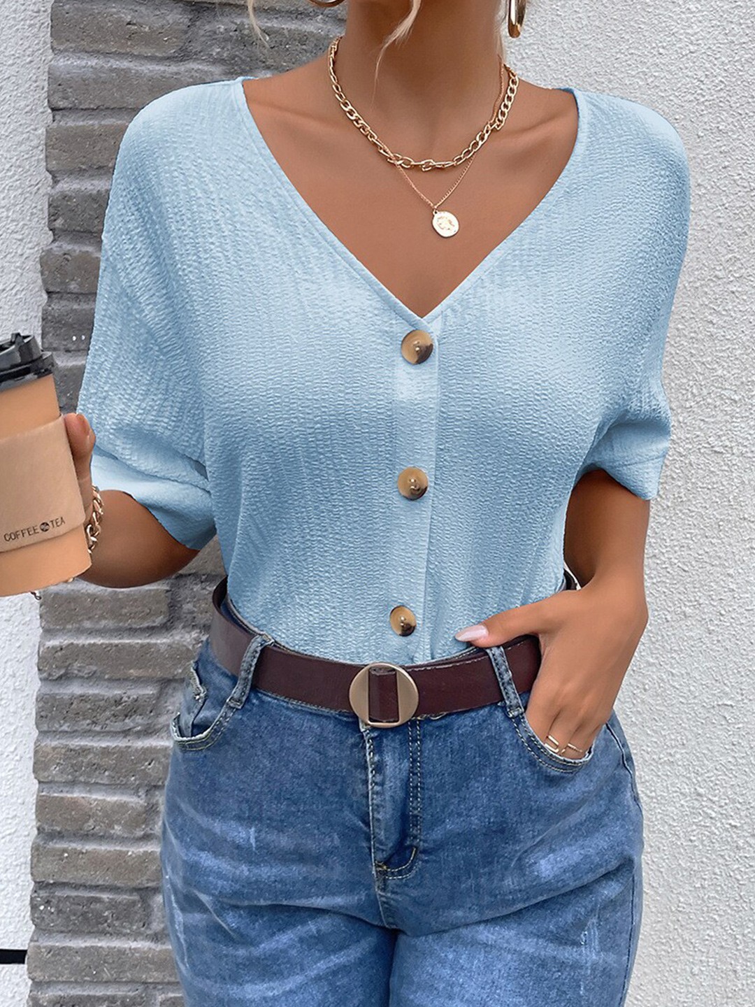 

BoStreet Blue Extended Sleeves Shirt Style Top