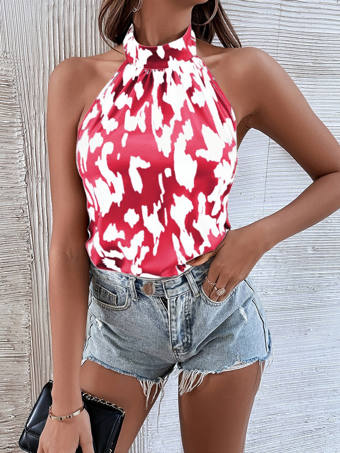 

BoStreet Red Printed Halter Neck Top