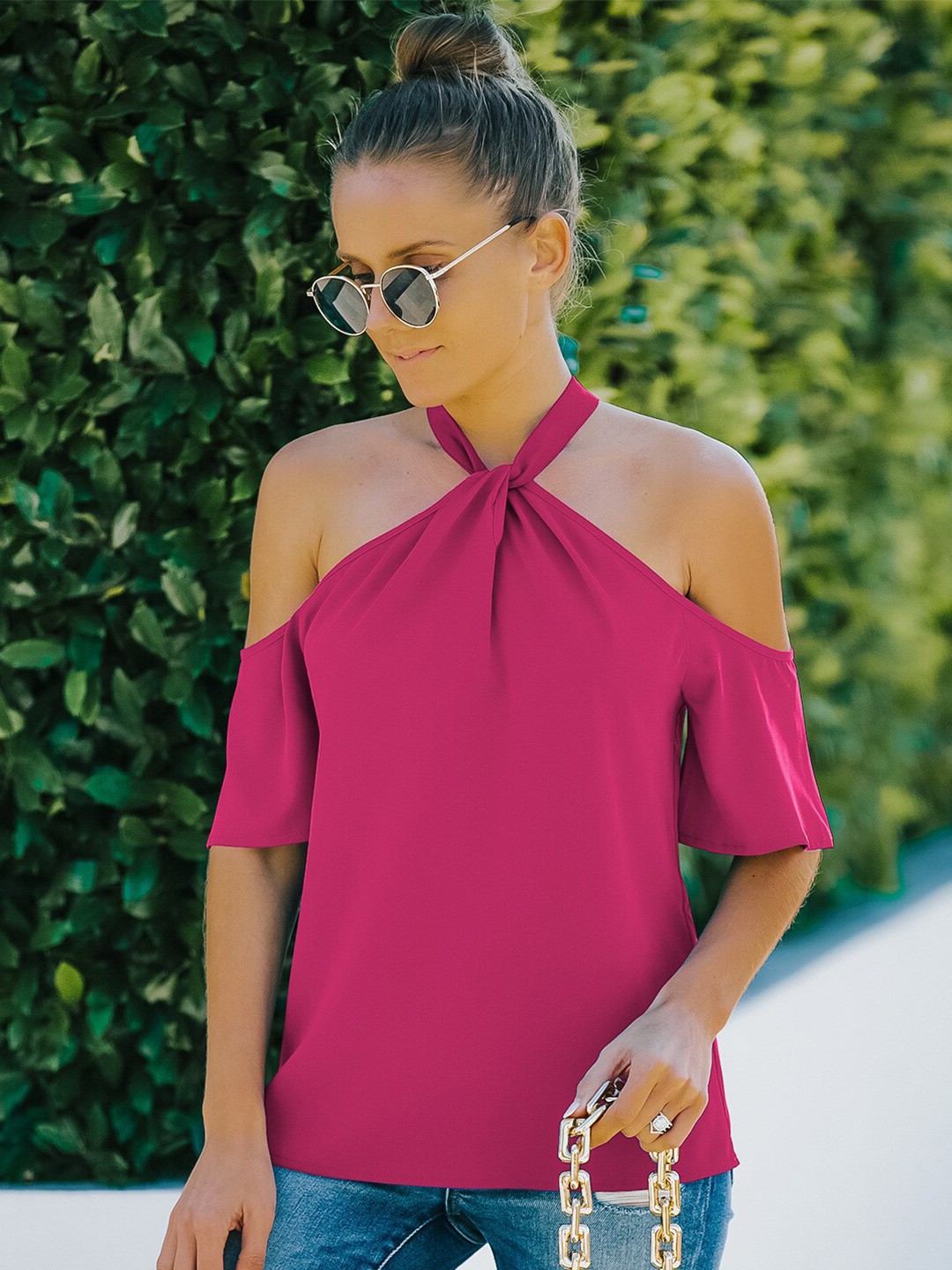 

BoStreet Pink Print Cold-Shoulder Sleeves Top