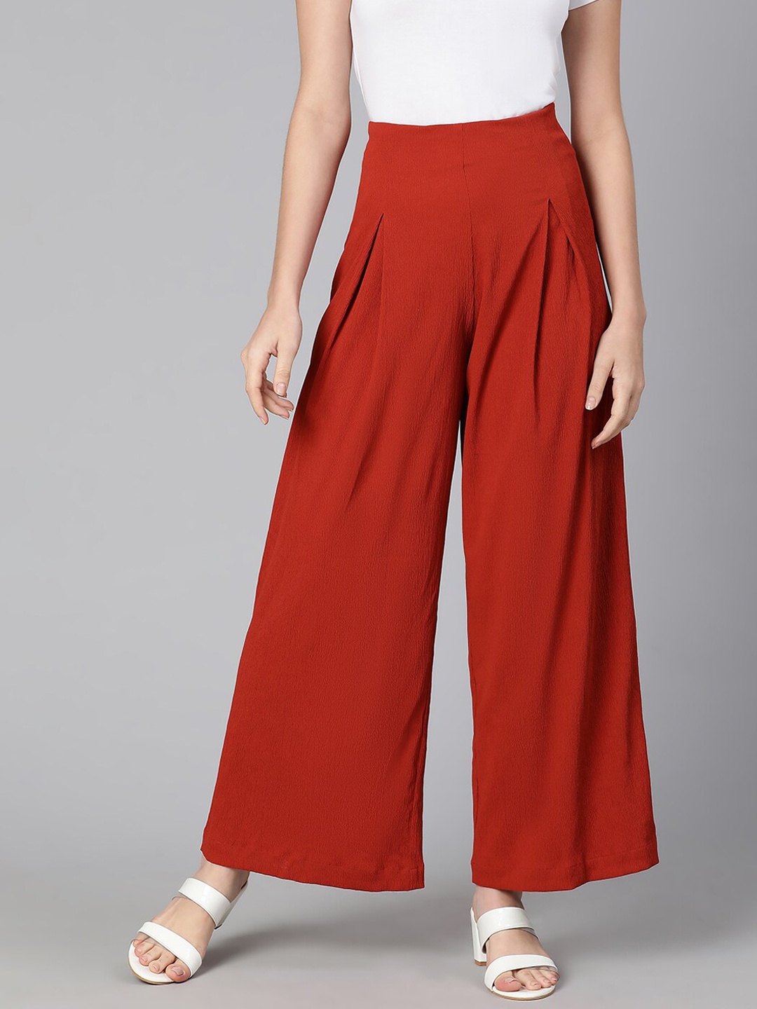 

Oxolloxo Women Rust Red High-Rise Pleated Trousers