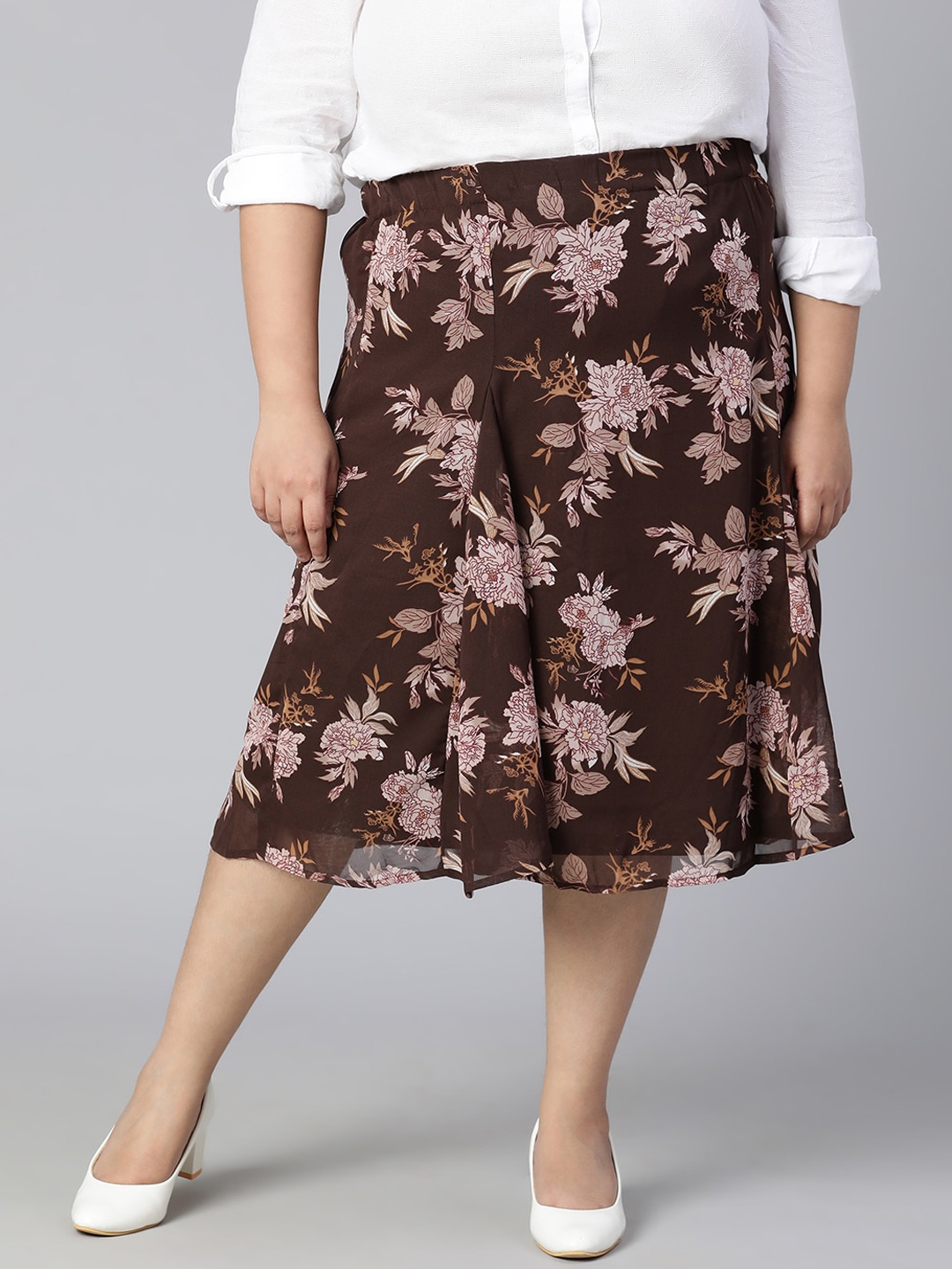 

Oxolloxo Plus Size Women Brown Floral Printed Flared Midi Skirt