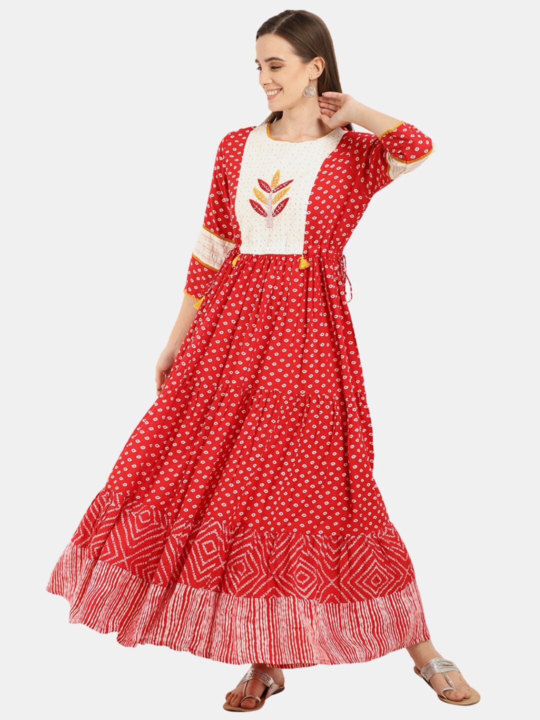 

Desi Mix Red Ethnic Motifs Satin Maxi Dress