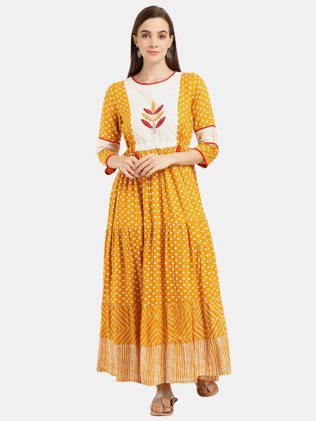 

Desi Mix Mustard Yellow Ethnic Motifs Satin Maxi Dress