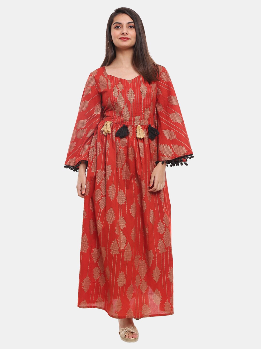 

Desi Mix Red Ethnic Motifs Satin Maxi Dress
