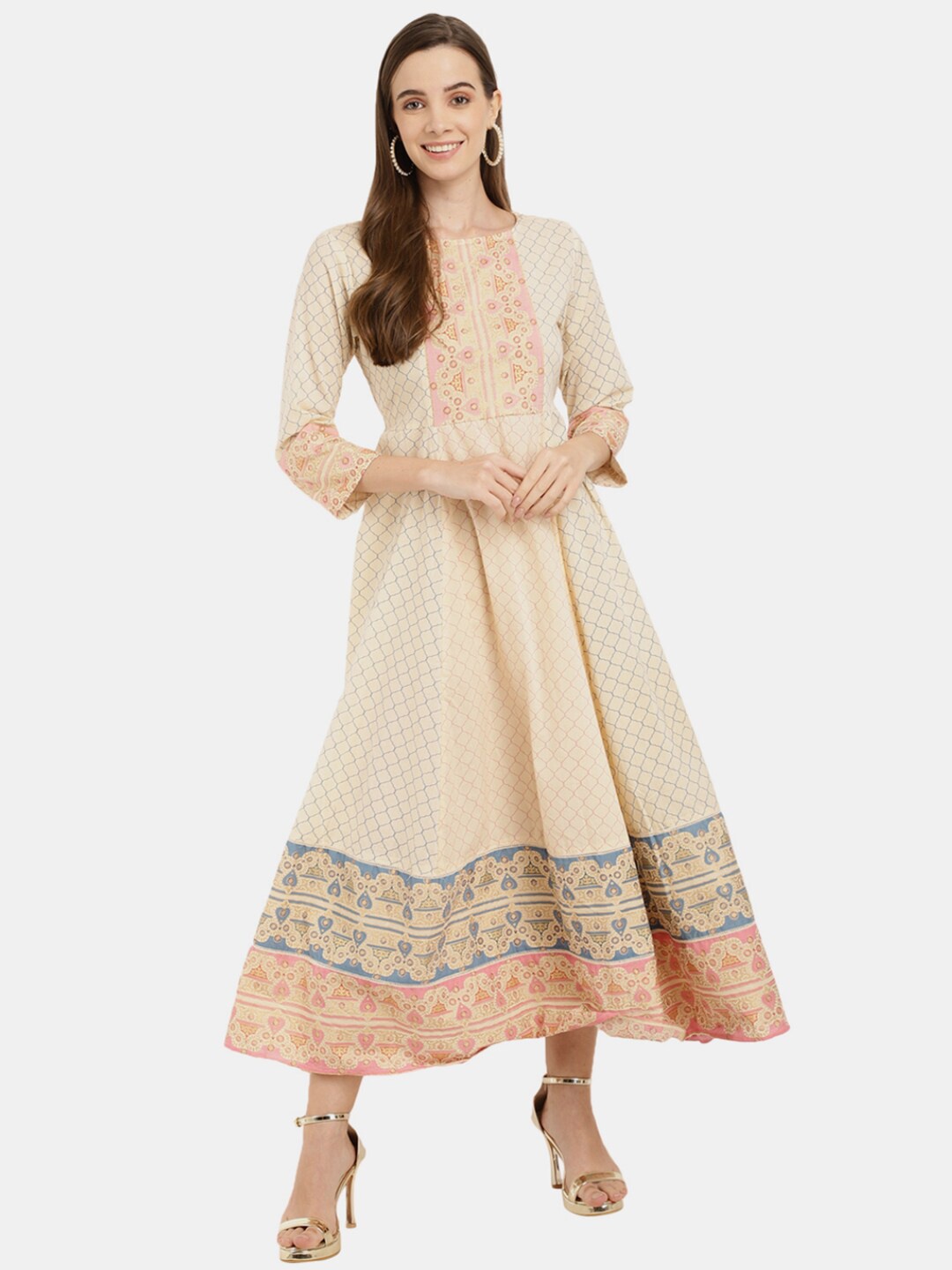 

Desi Mix Cream-Coloured Ethnic Motifs Satin Maxi Dress