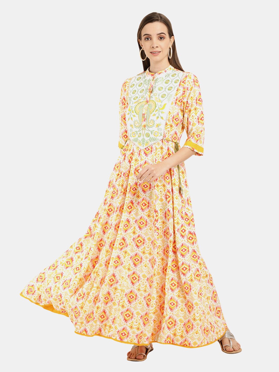 

Desi Mix Yellow Floral Satin Maxi Dress