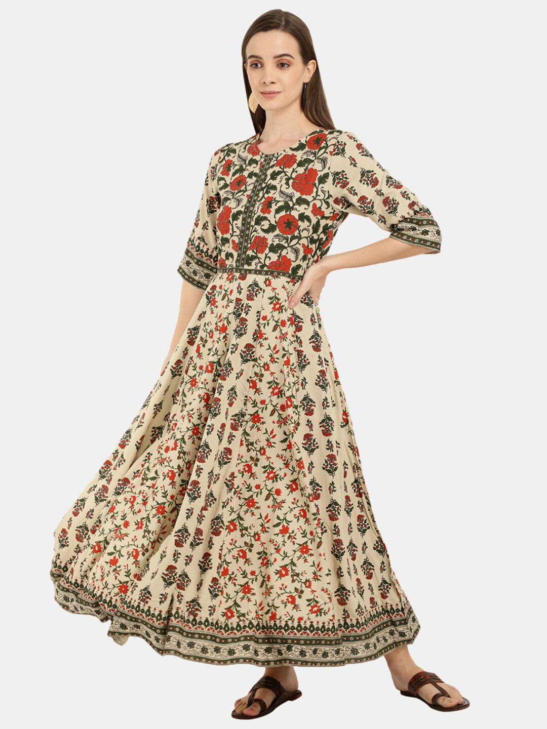 

Desi Mix Beige Floral Satin Maxi Dress