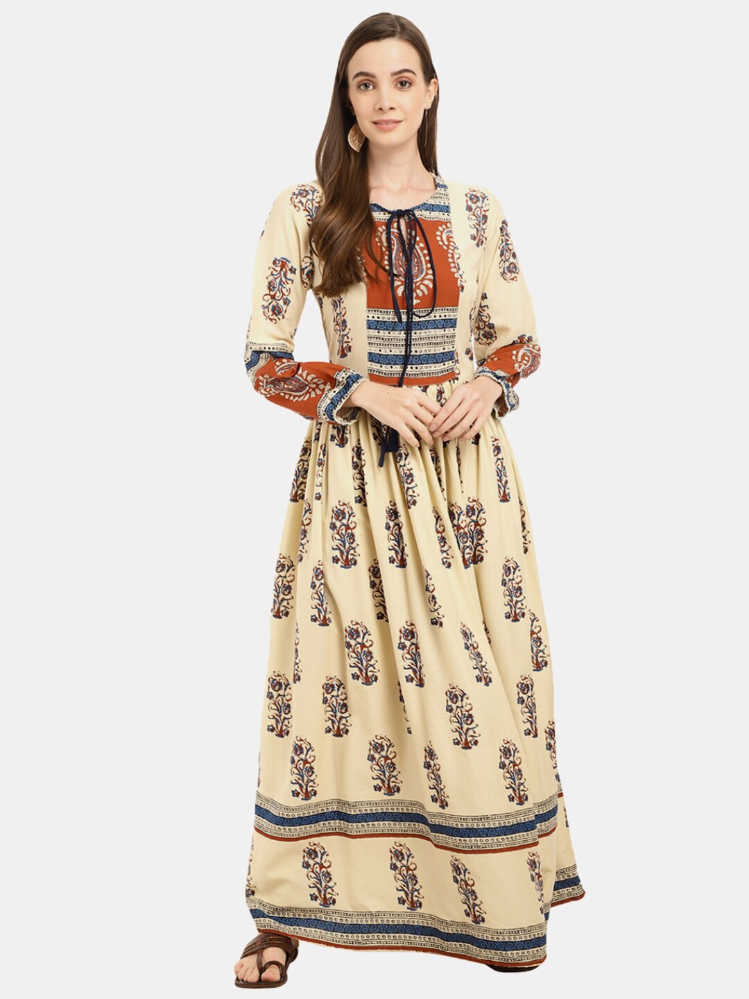 

Desi Mix Beige Ethnic Motifs Tie-Up Neck Satin Maxi Dress