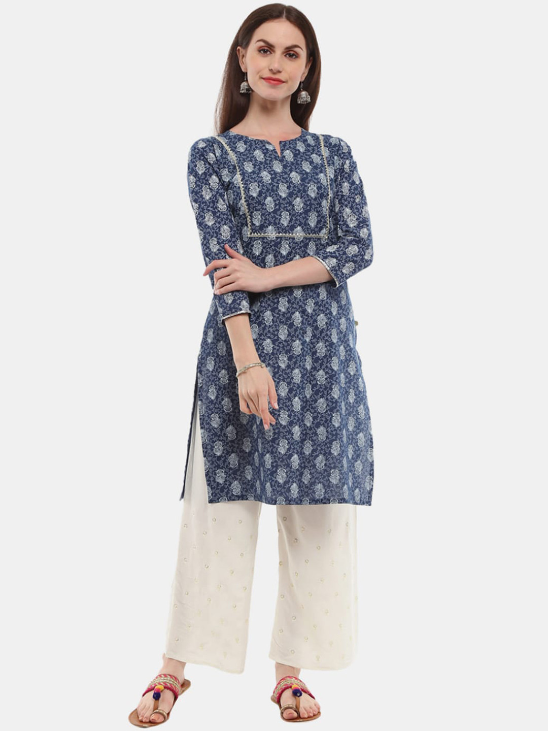 

Desi Mix Women Blue Floral Printed Thread Work Kurta
