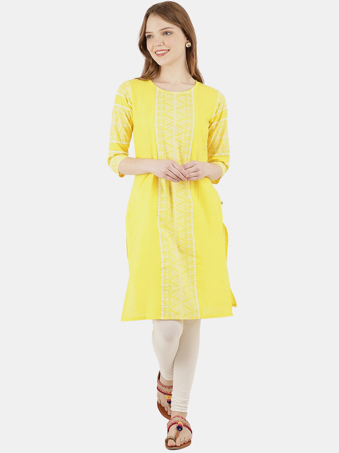 

Desi Mix Women Yellow Tribal Print Thread Work Kurta