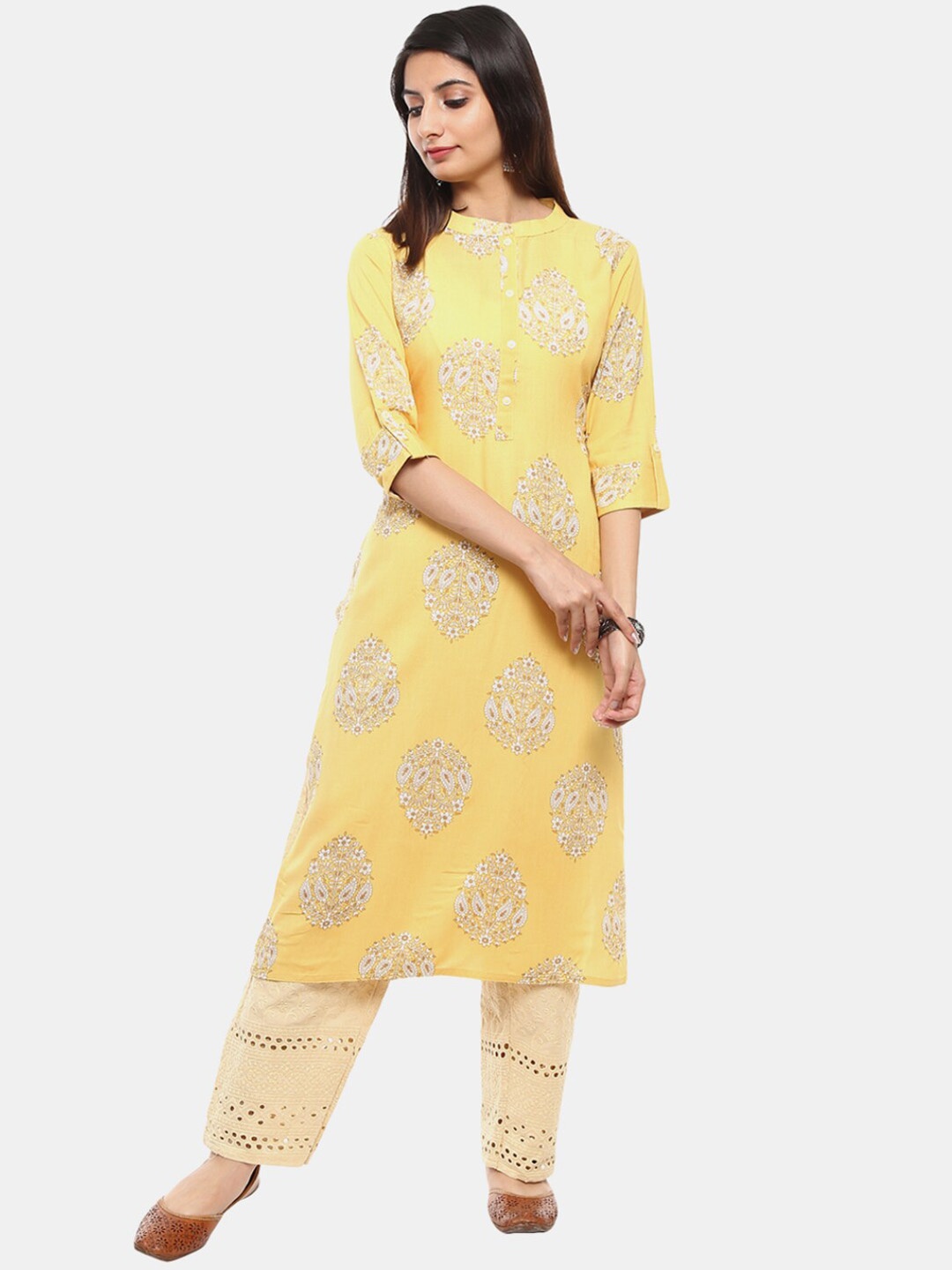 

Desi Mix Women Yellow Floral Printed Thread Work Kurta