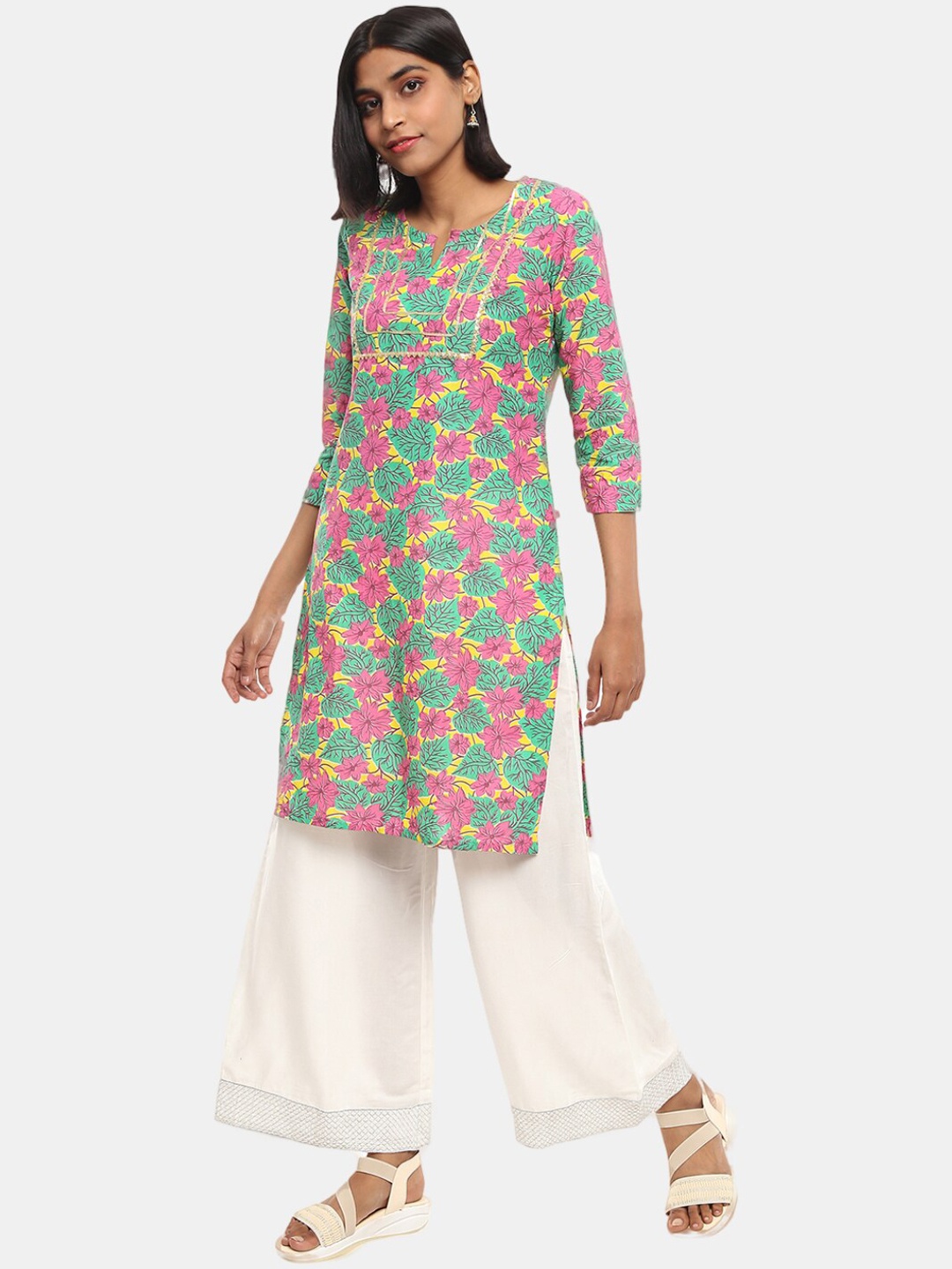 

Desi Mix Women Yellow Floral Printed Thread Work Kurta