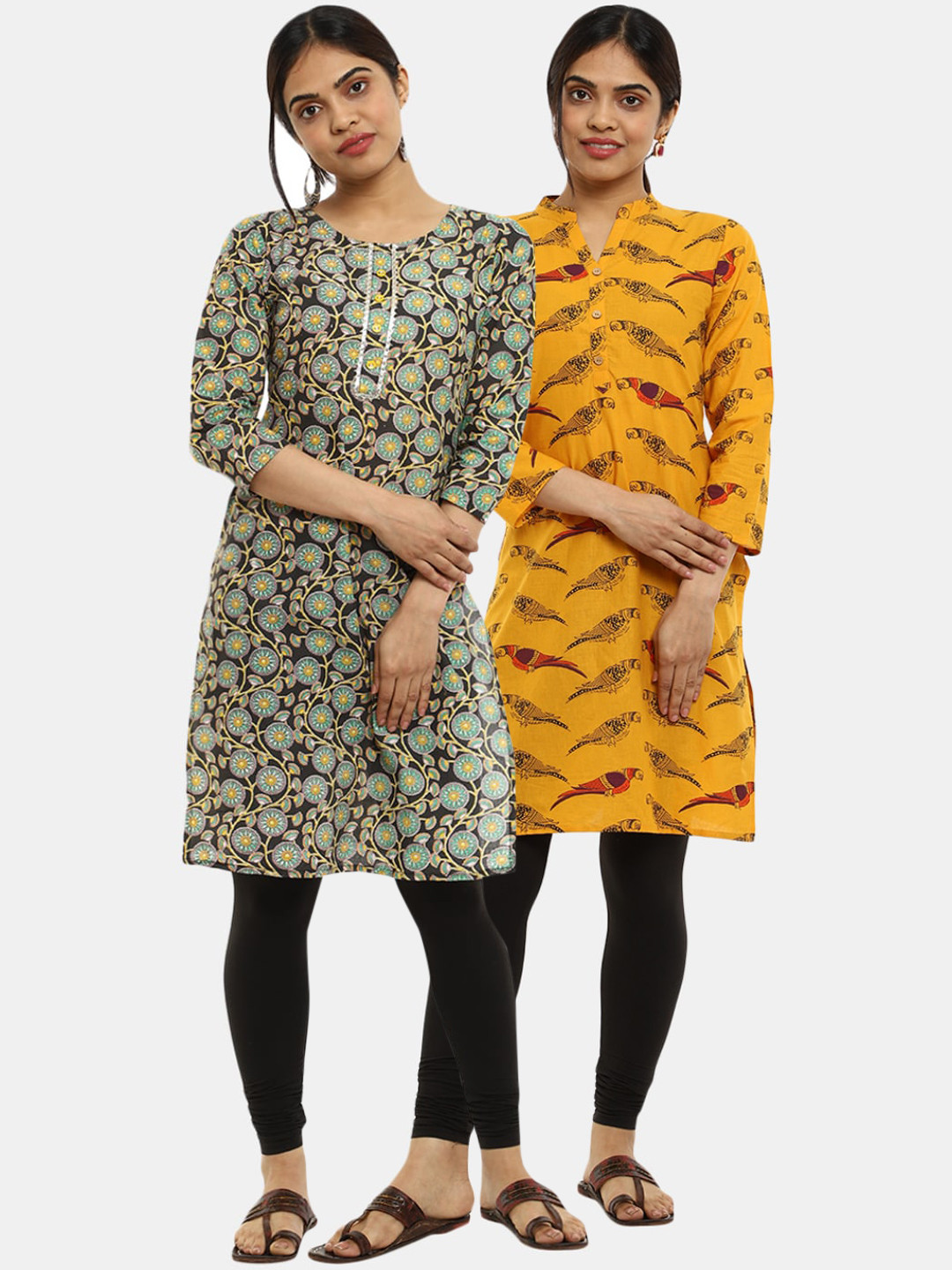 

Desi Mix Women Yellow Floral Printed Kurta [PACK OF 2]